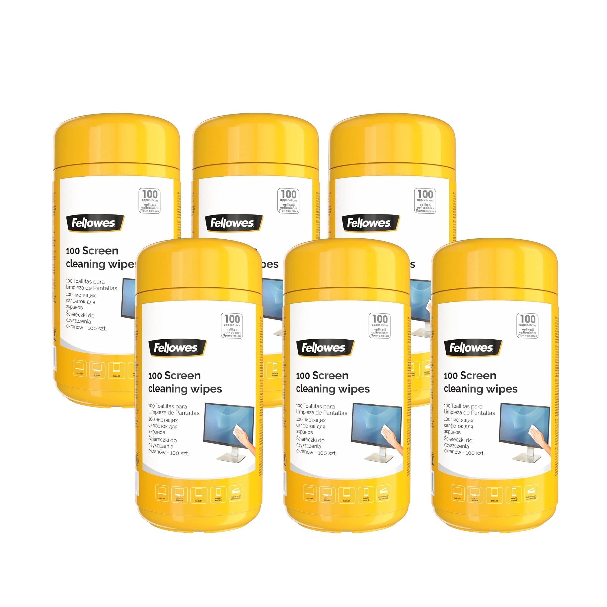 Fellowes Screen Wipes Tub - 100 Wipes, Pack of Six, Anti-Static, Non-Streak | Model 9970335