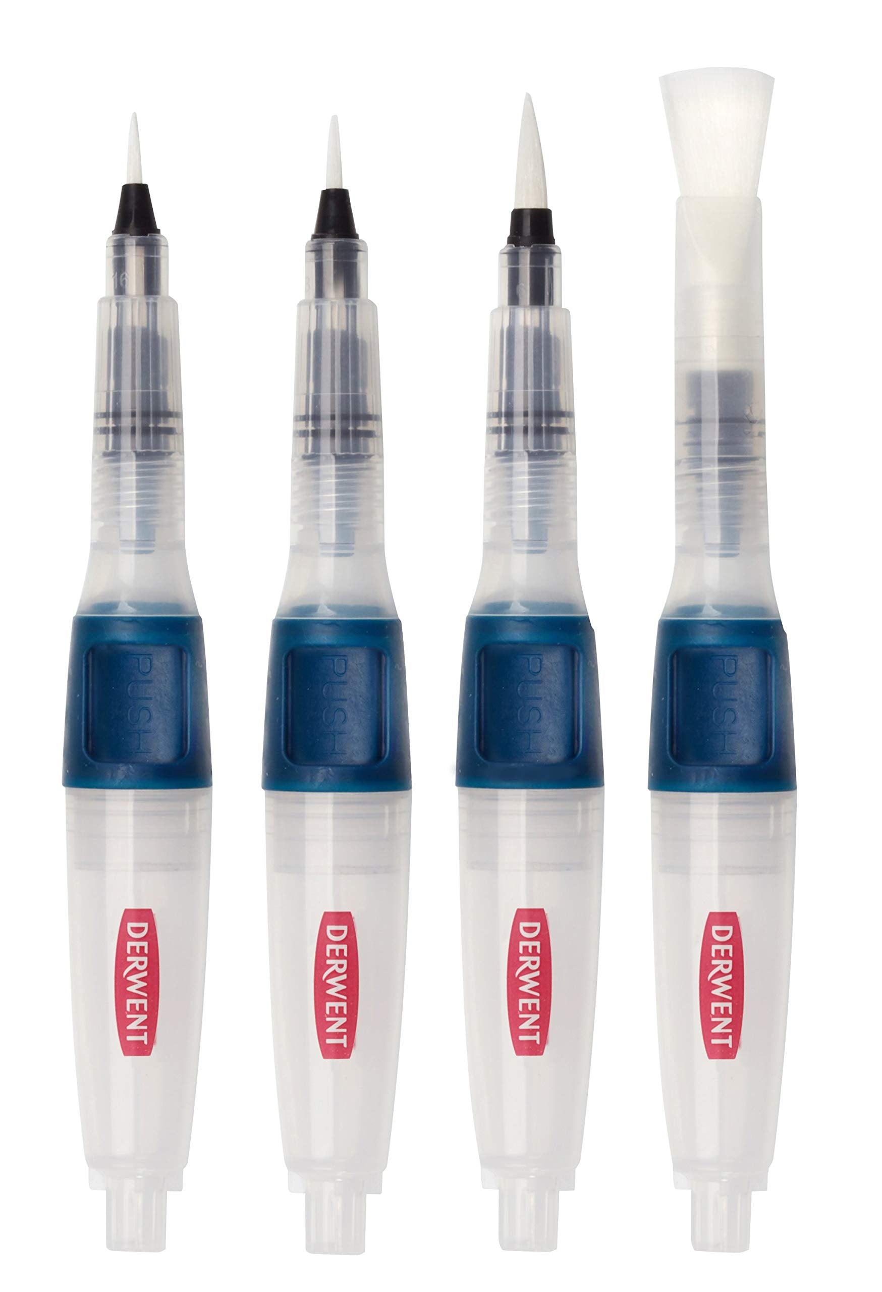 Derwent Push Button Waterbrush Set - 4 Assorted Tips | Portable & Leak Proof | Nylon Fibre