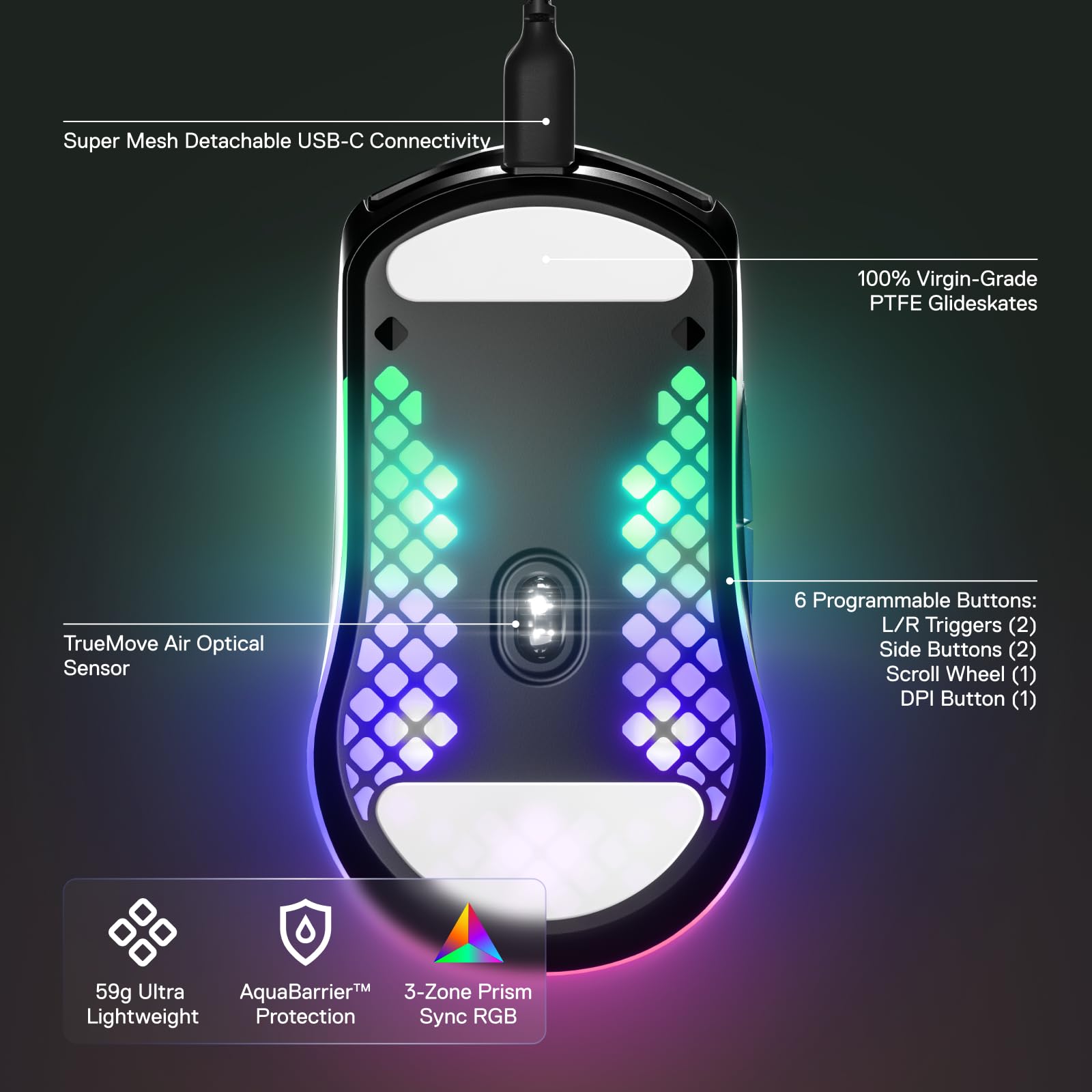 SteelSeries Aerox 3 - 59g Ultra-Lightweight Holey RGB Gaming Mouse with IP54 AquaBarrier 8