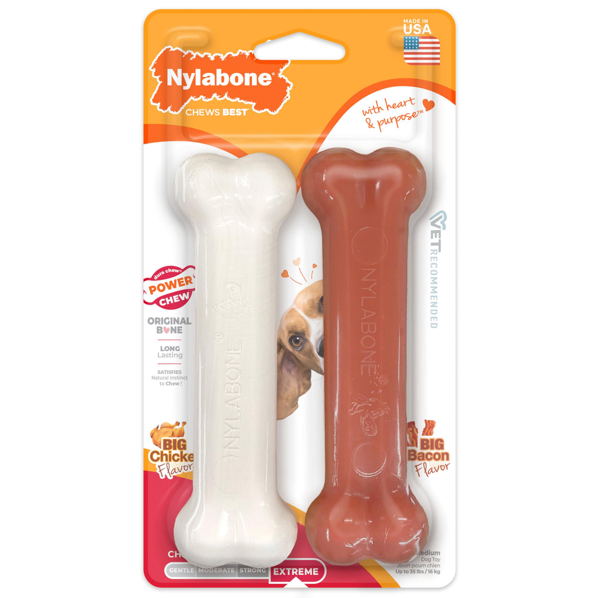 Nylabone Dura Chew Extreme Tough Dog Chew Toy Bones - Bacon & Chicken Twin Pack, Medium, Up to 16 kg