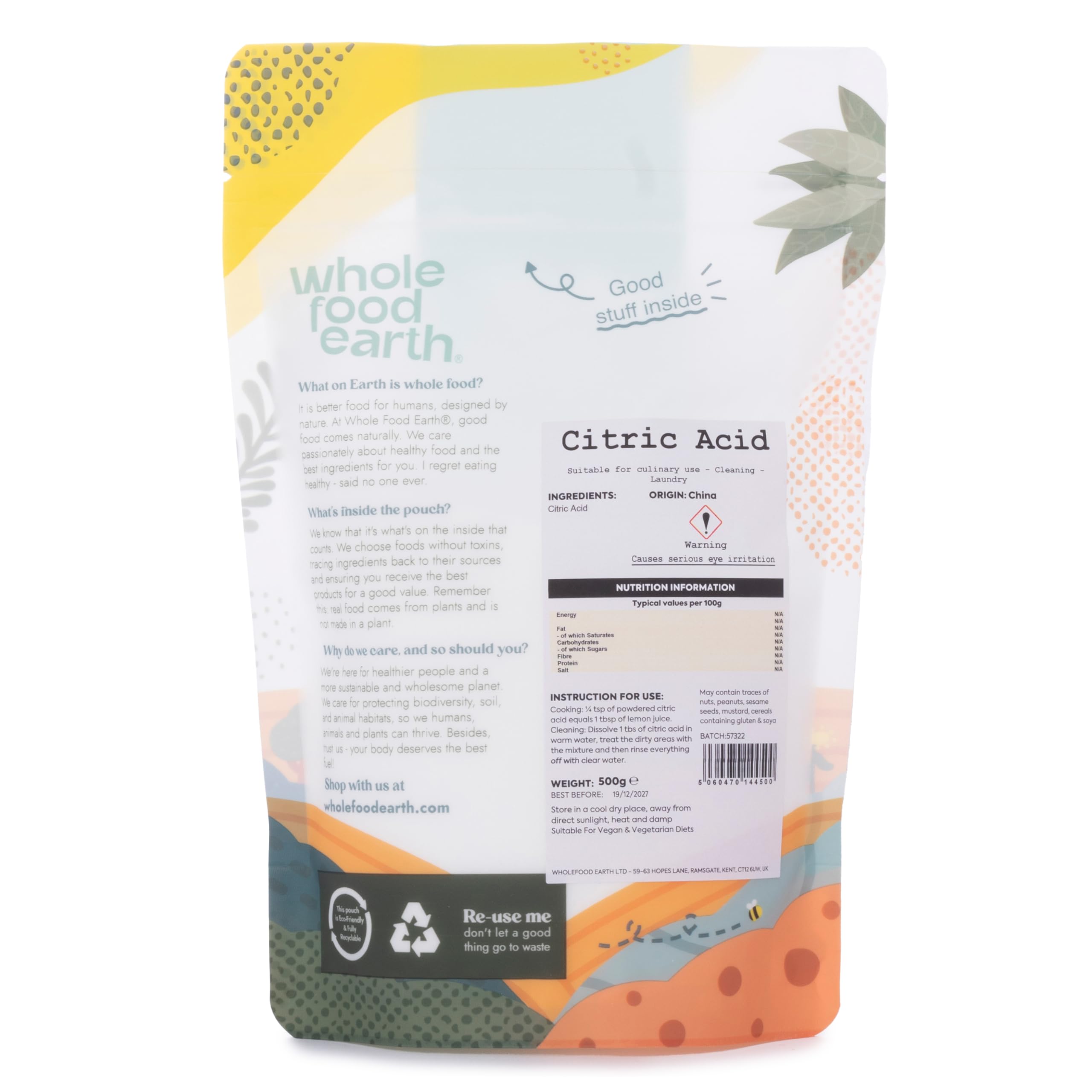 Wholefood Earth Anhydrous Citric Acid Food Grade Powder | 500g