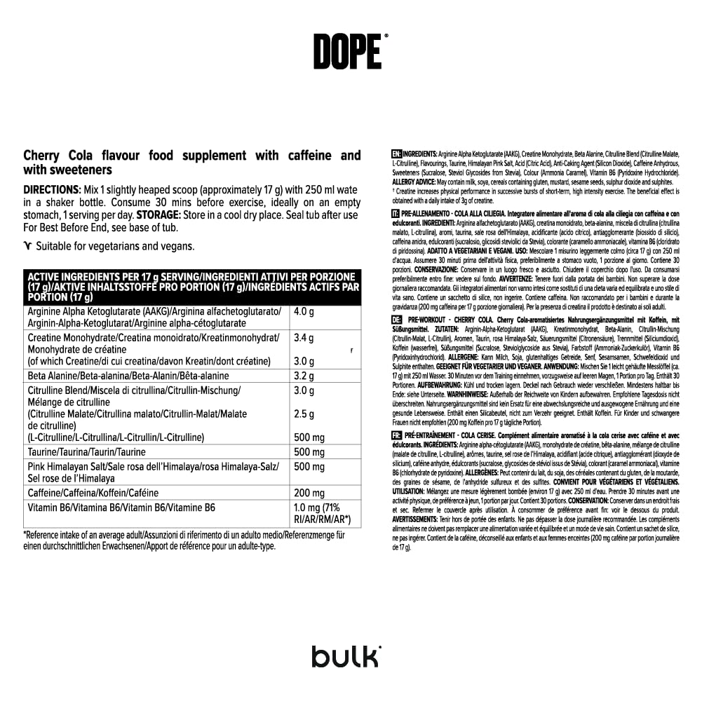 Bulk Dope Pre-Workout Powder - Cherry Cola | 3g Creatine | 200mg Caffeine 7