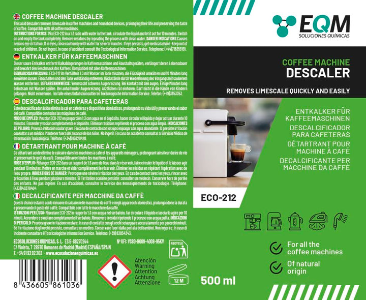 EQM ECO-212 Coffee Machine Descaler - 500 ml - 100% Natural Origin with Citric Acid