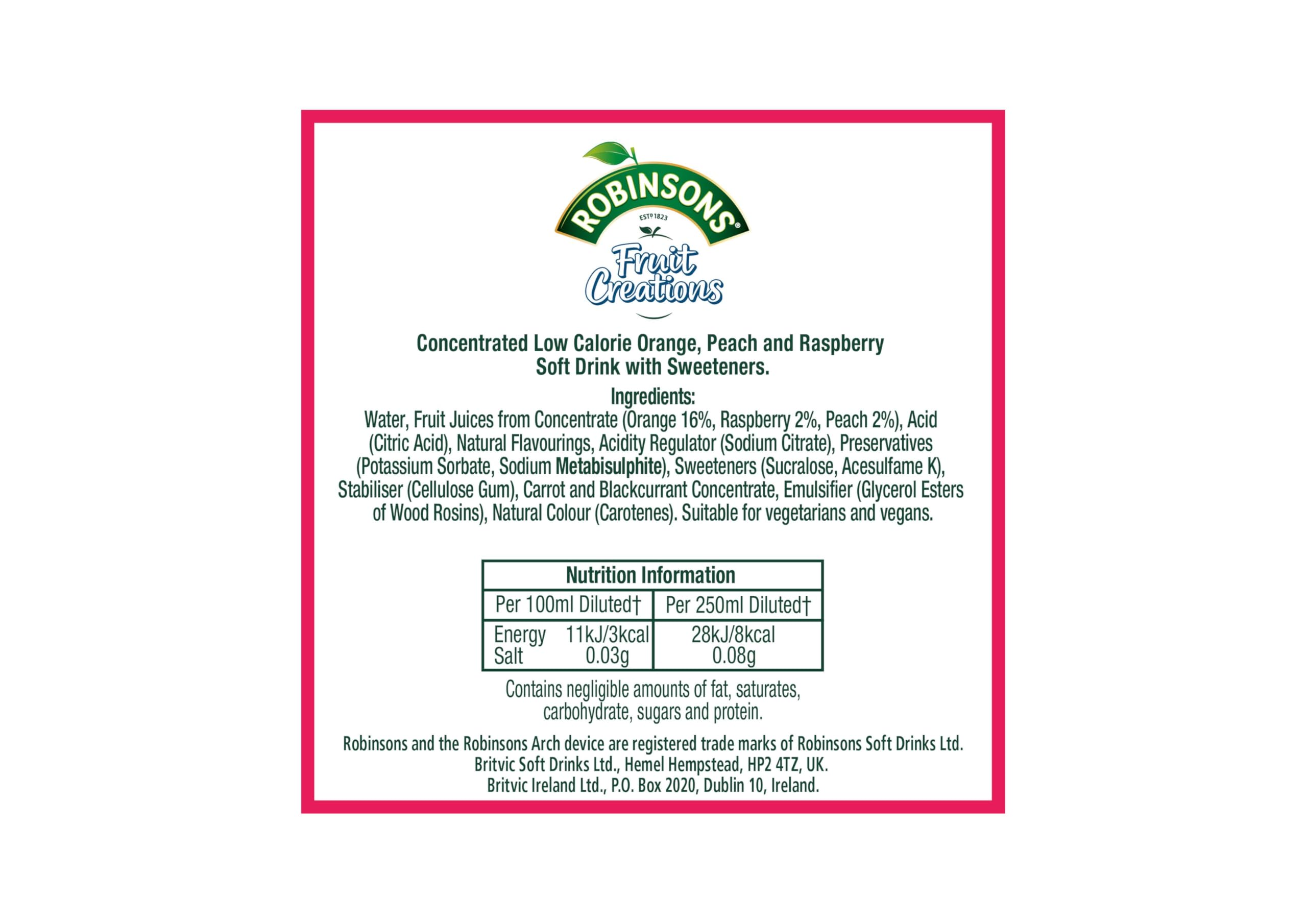 Robinsons Fruit Creations Peach & Raspberry Squash Concentrate | 1L | Low Calorie 5
