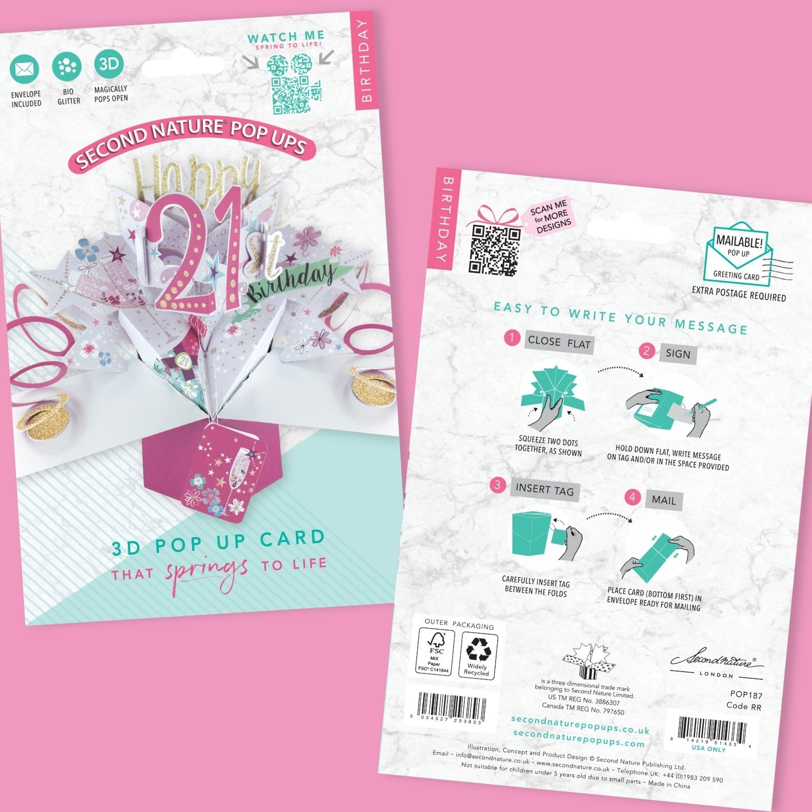 Second Nature Pop Ups 21st Birthday Champagne Bottle 3D Pop-Up Greeting Card | Pink 9