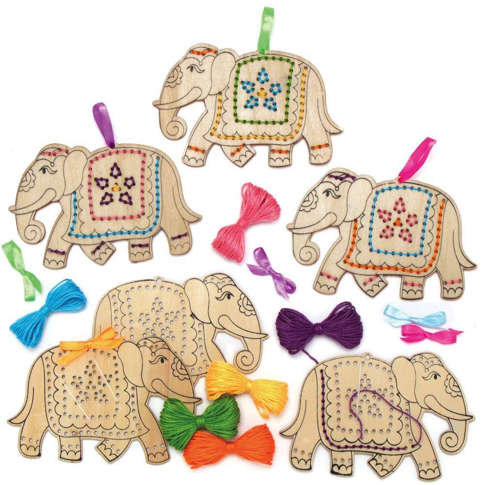 Baker Ross Ambari Elephant Wooden Threading Kits - Pack of 5, Educational Craft for Kids 1