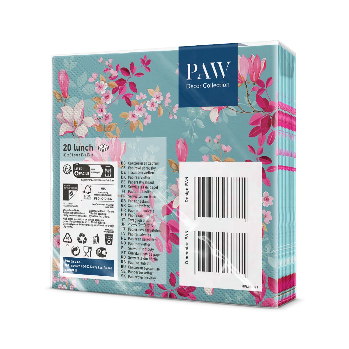 PAW Decor Collection Napkins - 3-Ply, Magnolia Pattern | 33 x 33 cm | 20 Count