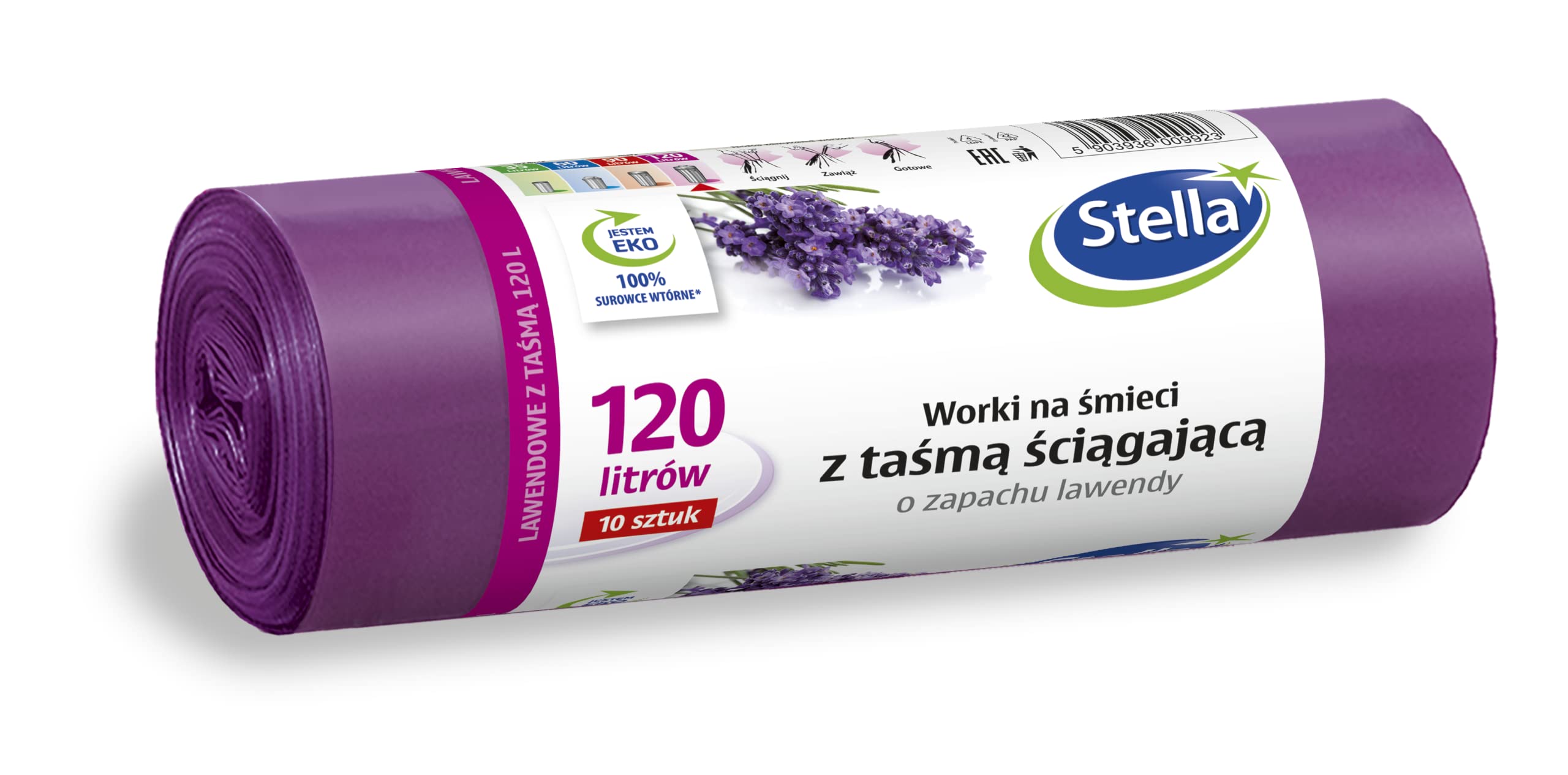 Stella Bin Liners with Drawstring, 120 L, Pack of 10, Lavender Fragrance
