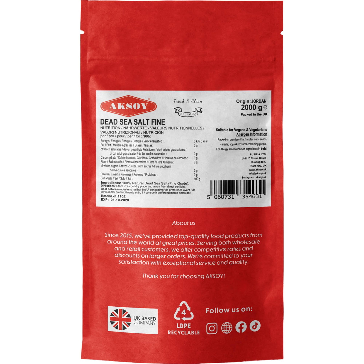 AKSOY Dead Sea Salt Bath Salts - 2kg, Fine Granules, Unscented