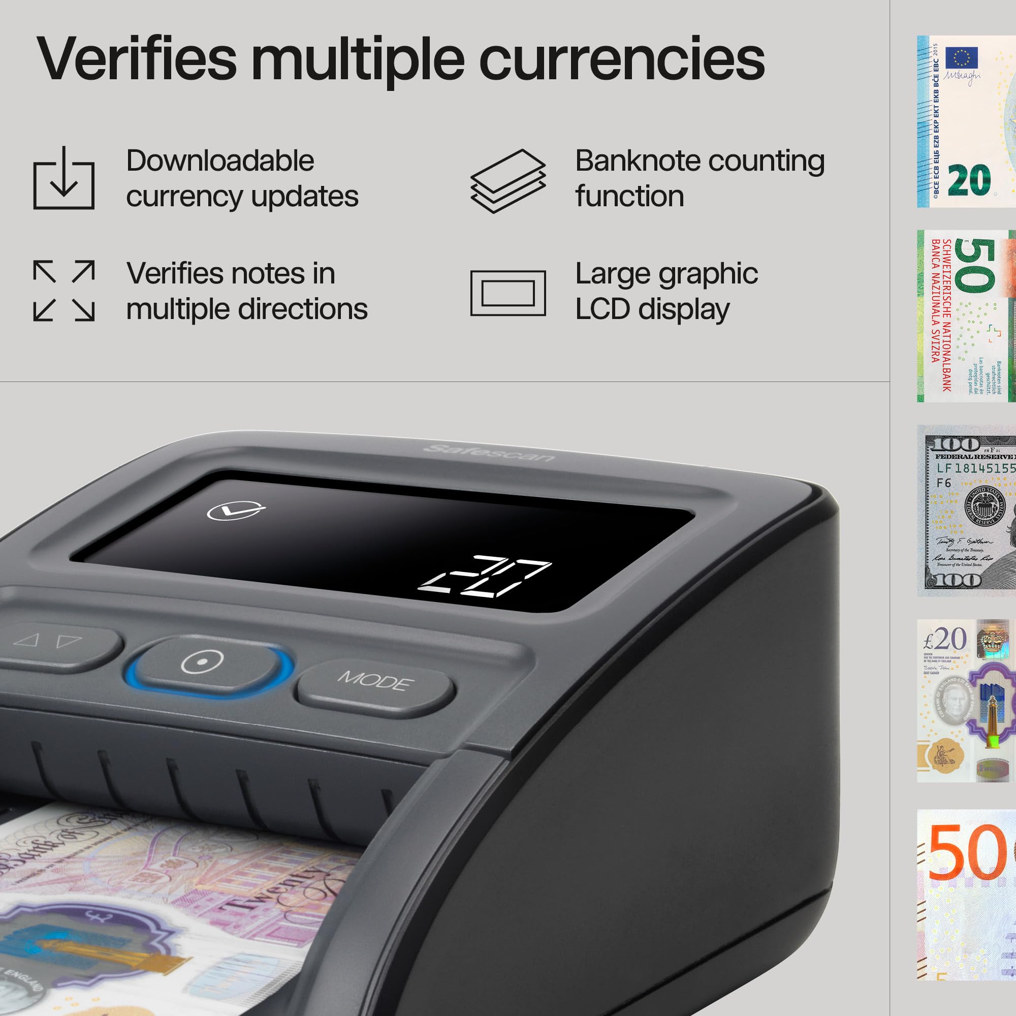 Safescan 155-S Note Counter - Verifies GBP, EUR, SCT, NIR | Compact POS Design | Black