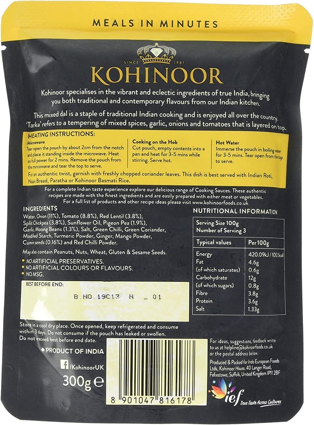 Kohinoor Dal Tarka Lentils, 300g - Pre-Seasoned Mixed Lentils with Indian Spices