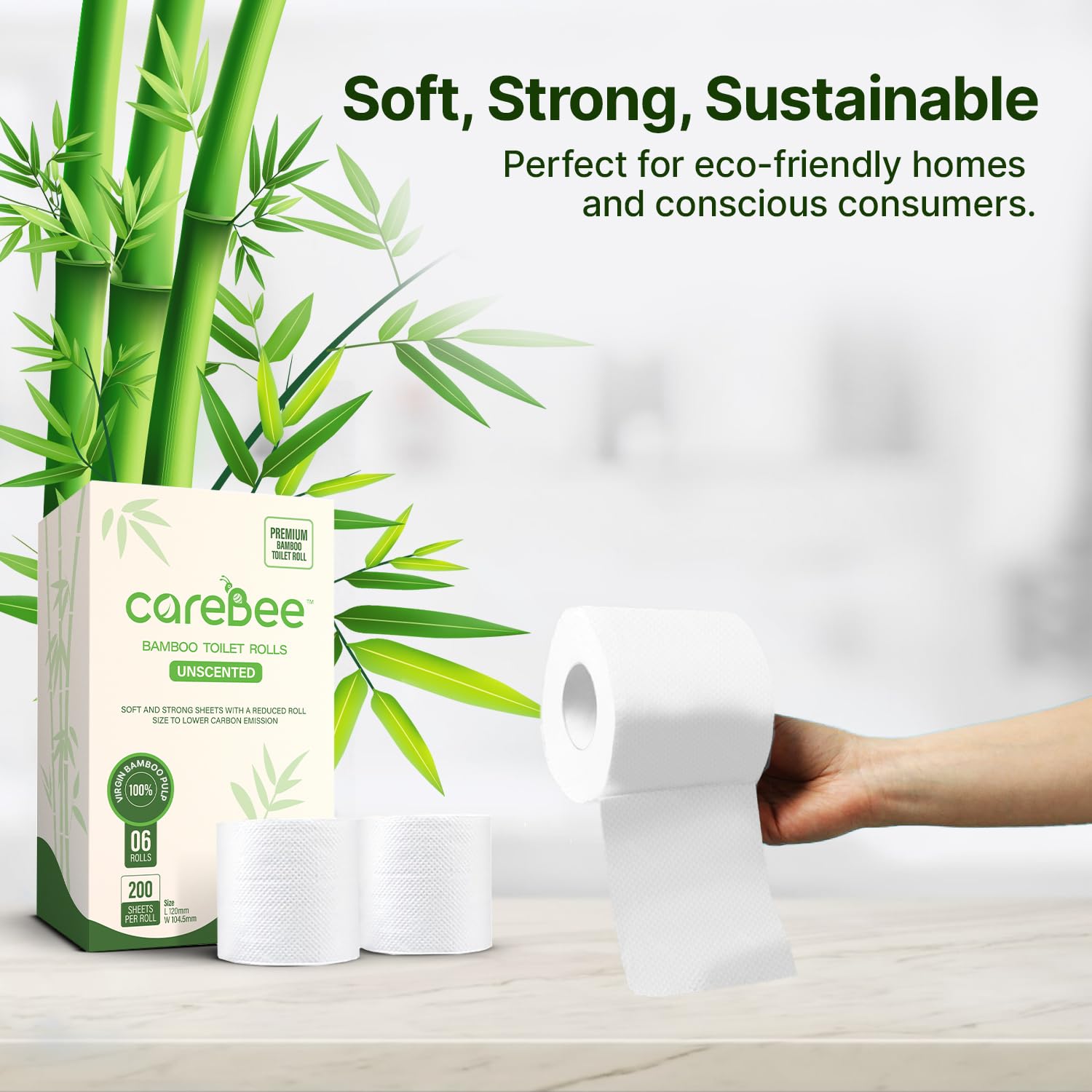 CareBee Bamboo Toilet Rolls - 3-Ply, Unscented, 12 Rolls | Plastic-Free Packaging 6