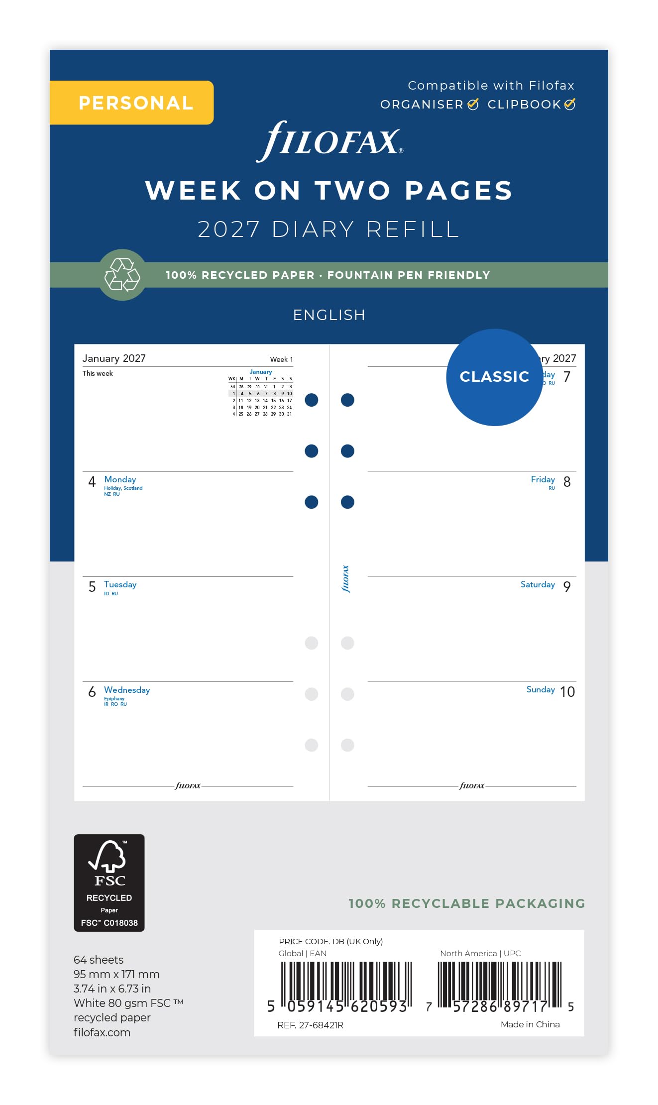 Filofax Personal 2027 Diary Refill - Week on Two Pages | Recycled Paper | 95mm x 171mm 1