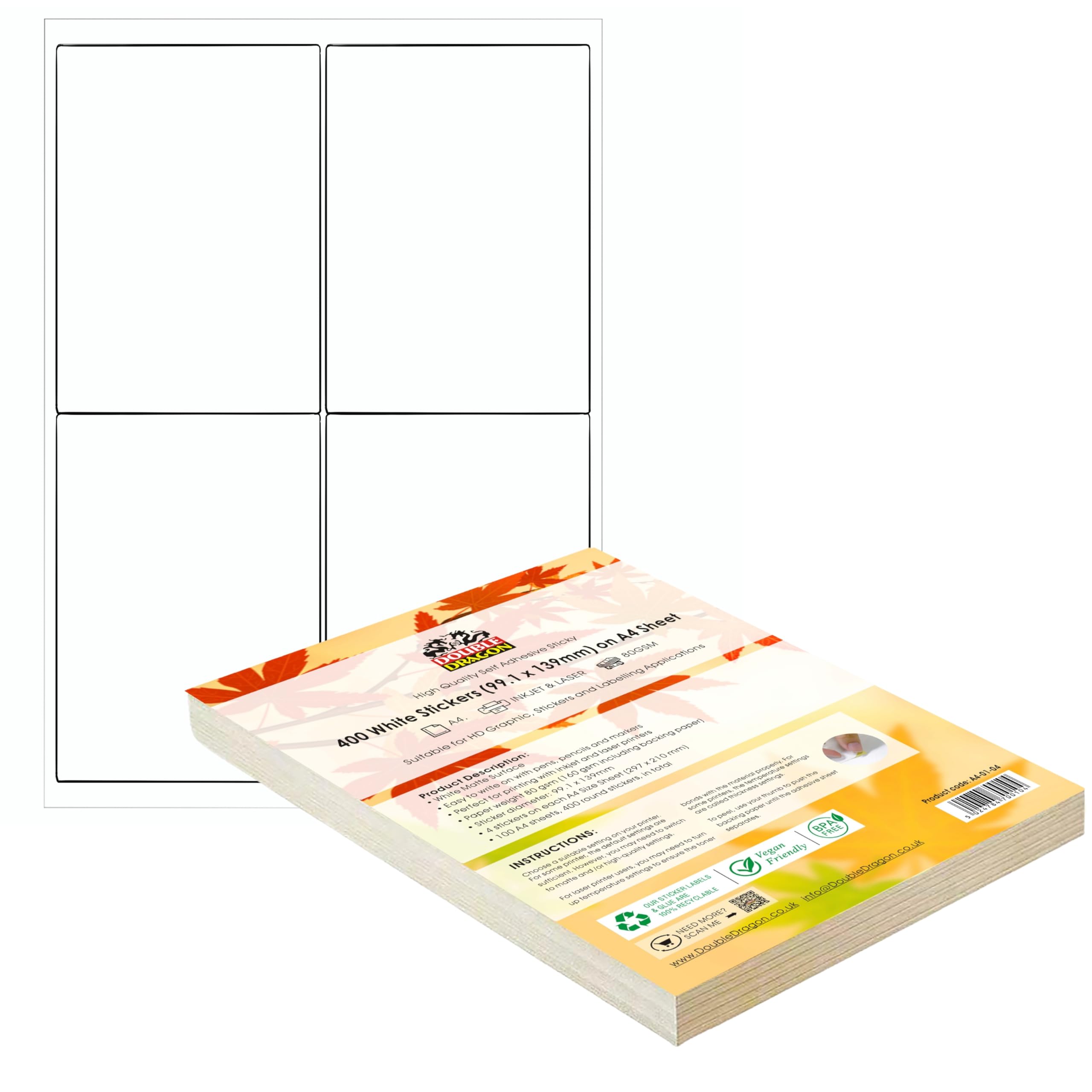 Double Dragon A4 Self-Adhesive Printer Labels - 4 Per Sheet, Matte White, 400 Labels Total
