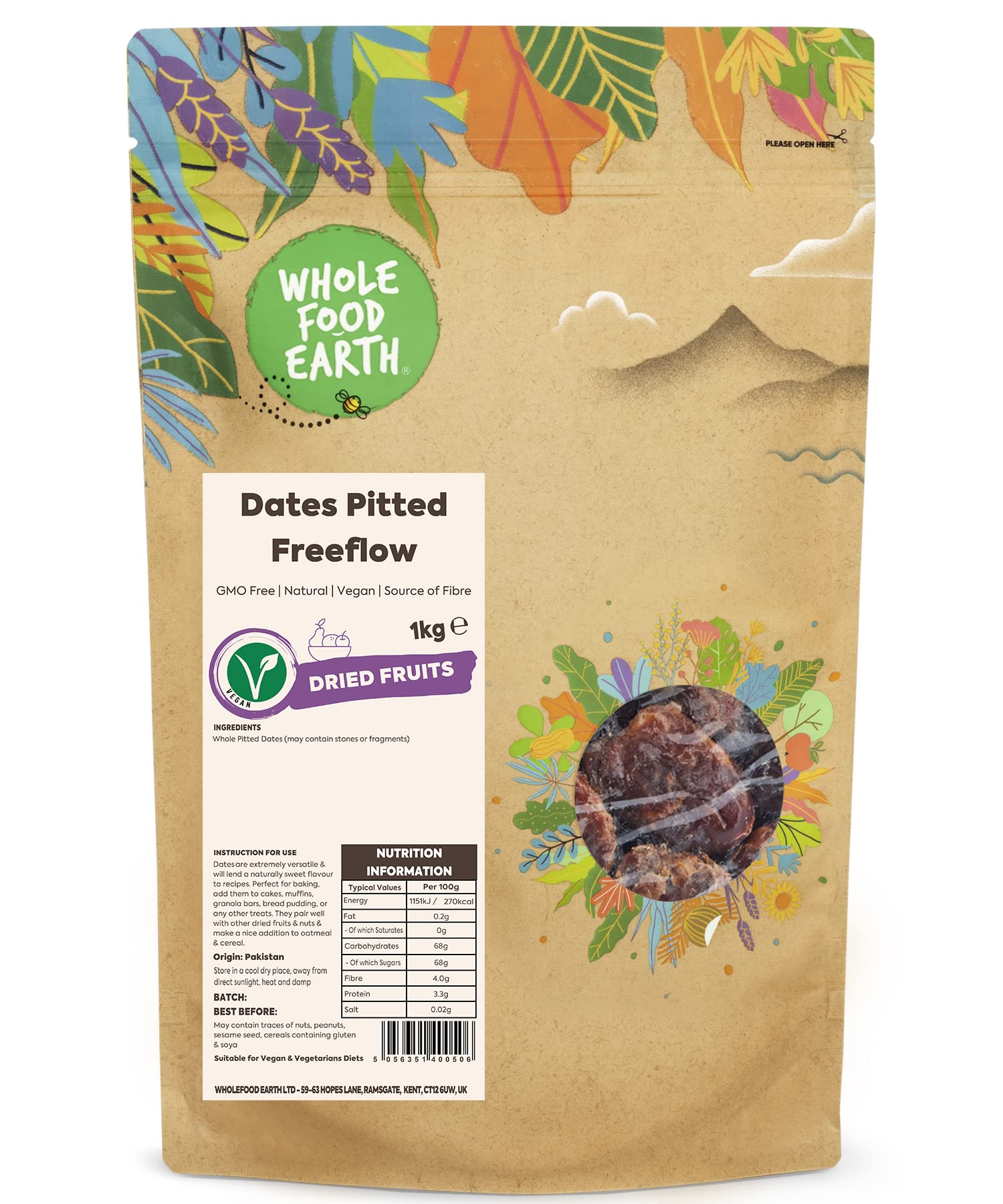 Wholefood Earth Dates Pitted Freeflow - 1 kg Bag | GMO Free | Natural Sweetener