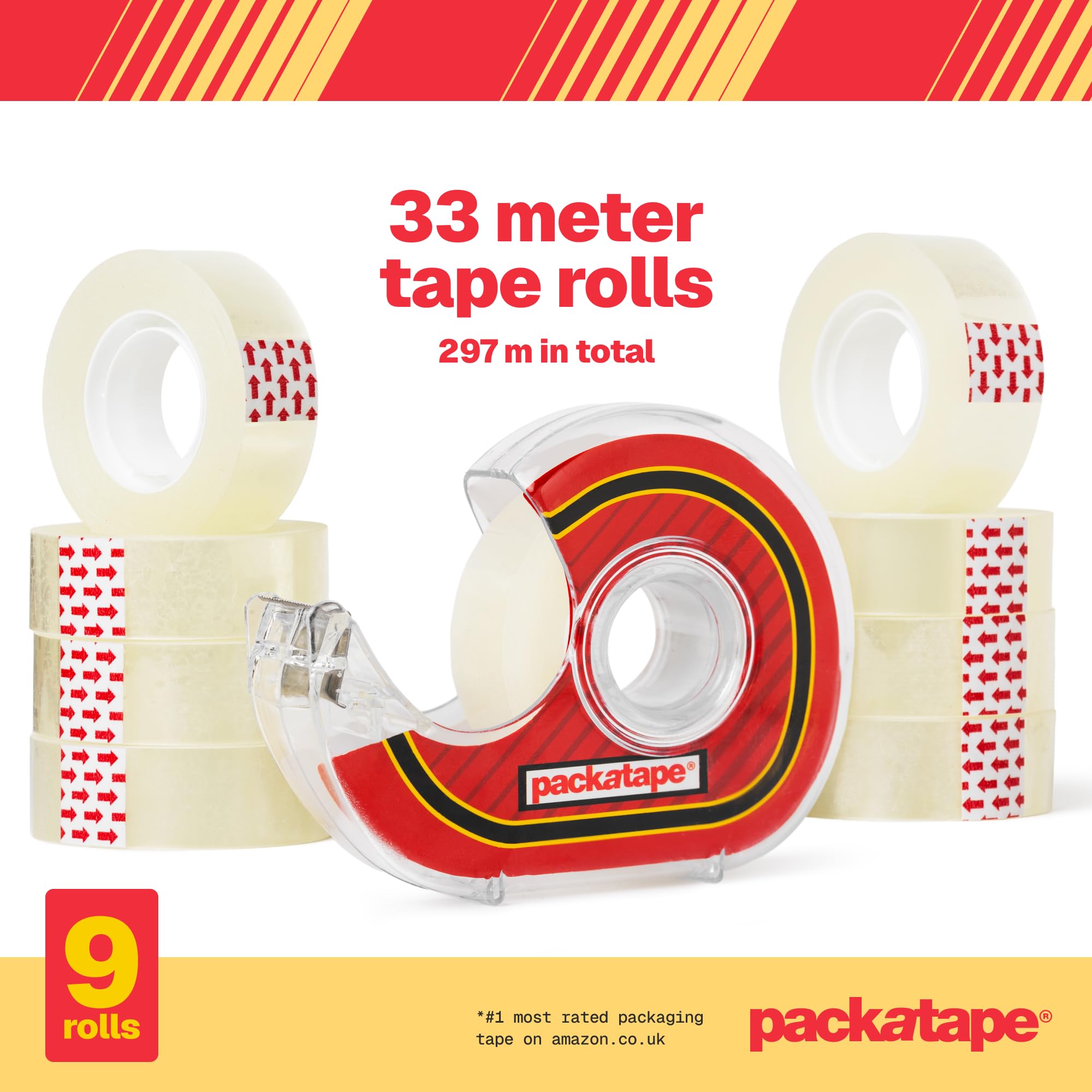 Packatape Cellotape - 9 Clear Transparent Rolls (18mm x 33m) with Dispenser 2