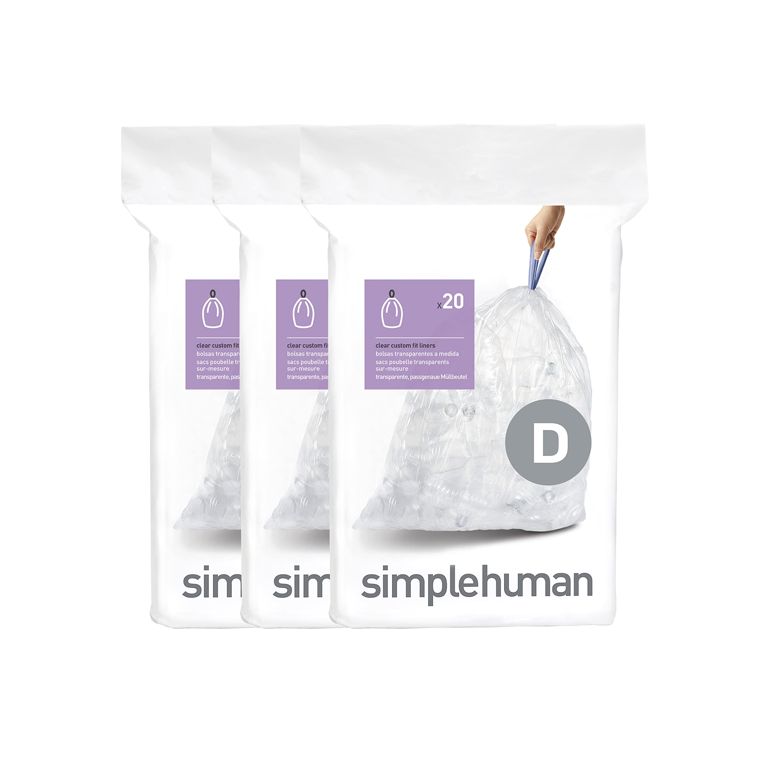 simplehuman CW0278 Code D Custom Fit Bin Liner - 60 Count, 20L Capacity, Clear Plastic