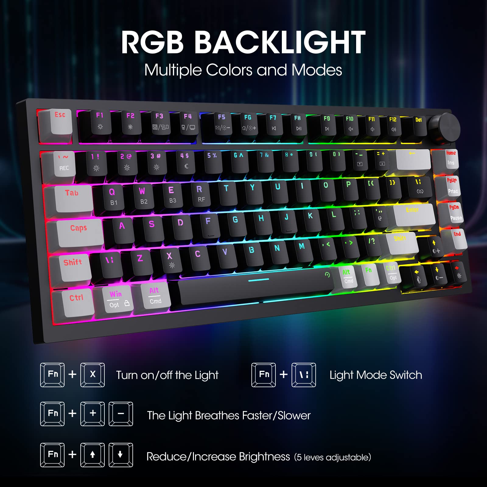 KOORUI MK082 82-Key Mechanical Gaming Keyboard - RGB Backlit, Wireless/Wired, Red Switch 4