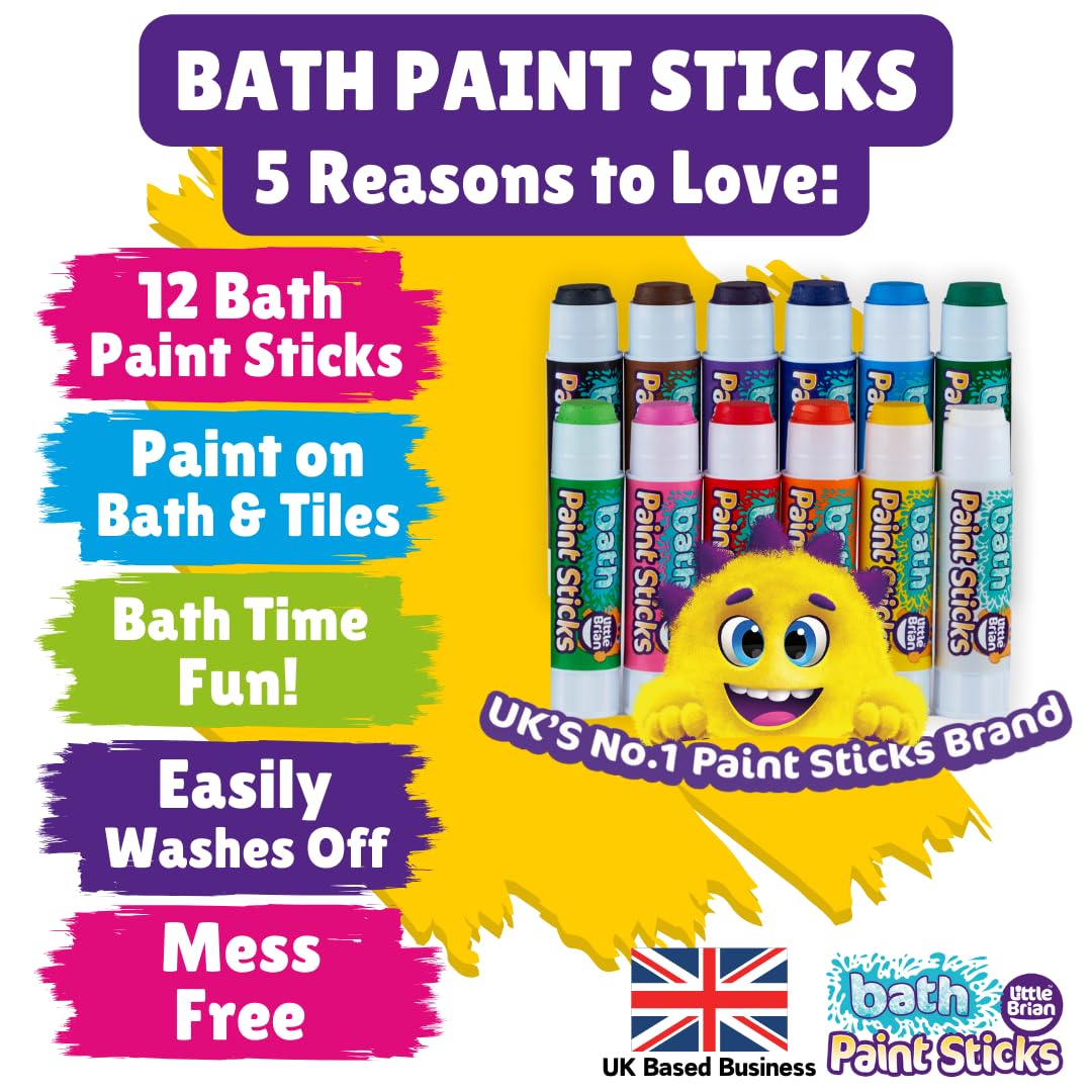Little Brian Bath Paint Sticks - Mess-Free, Quick-Drying Art for Kids | 12 Pack Assorted Colours