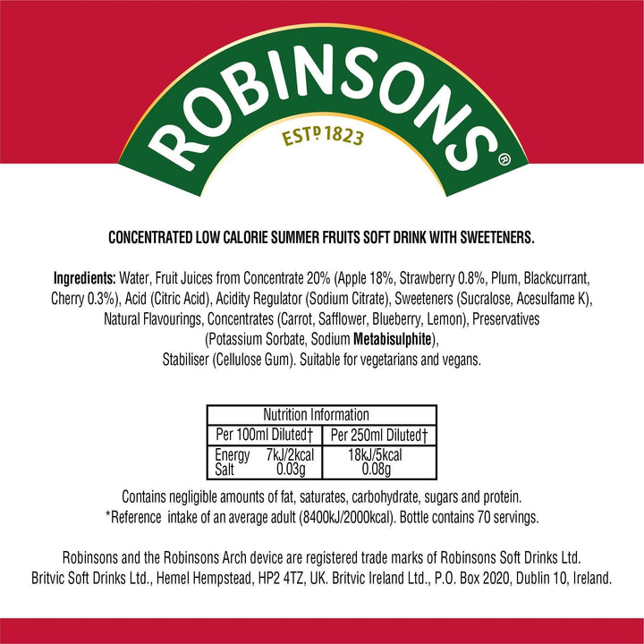 Robinsons Fruit Squash - Low Calorie - Double Strength - Summer Fruits 750ml