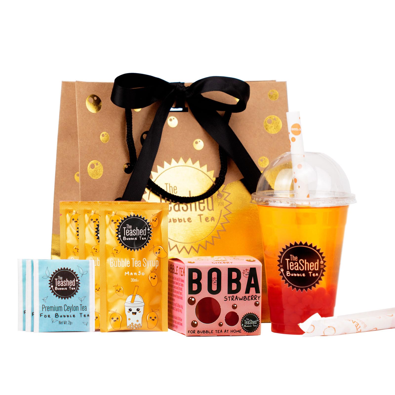 The TeaShed Bubble Tea Syrup Kit Gift Set - 3 Servings | Strawberry Popping Boba & Peach Syrup