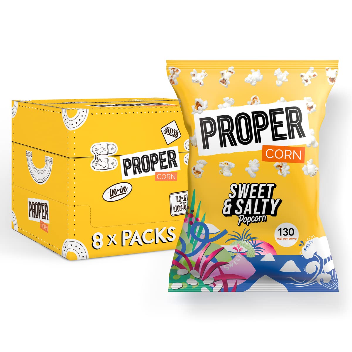 PROPER Sweet & Salty Popcorn, 90g x 8, Sharing Bags, Natural Sea Salt and Demerara Sugar 1