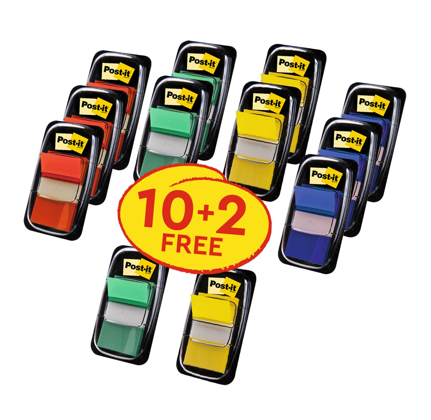 Post-it Index Flags - Medium, Assorted Colours, 10 + 2 FREE Dispensers | Repositionable 2