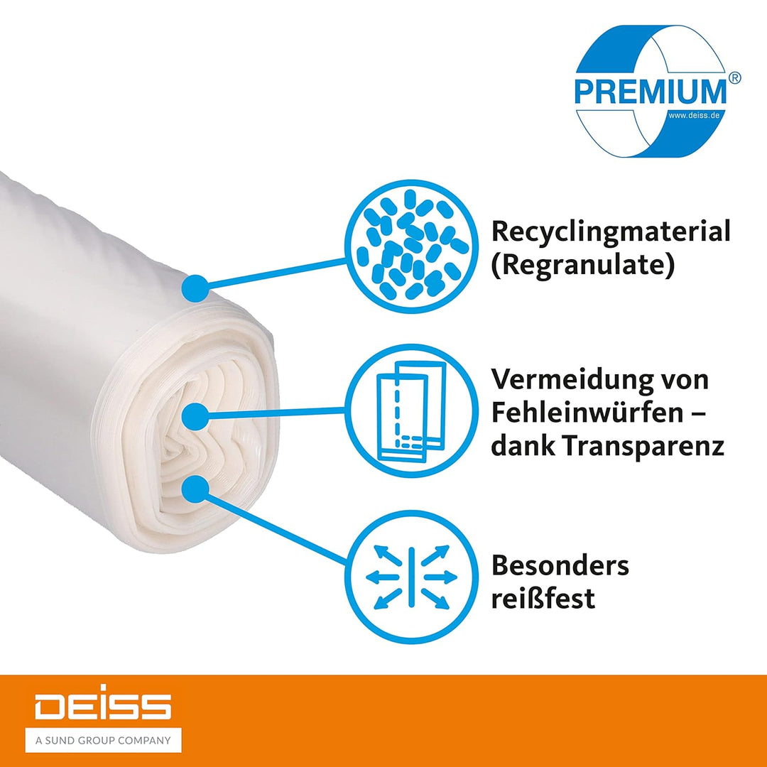 Deiss Premium Transparent Bin Bags Type 60, 120L - Clear Rubbish Bags 700 x 1100 mm