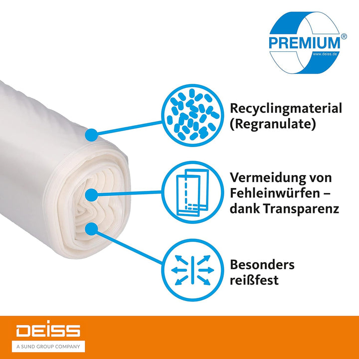 Deiss Premium Transparent Bin Bags Type 60, 120L - Clear Rubbish Bags 700 x 1100 mm