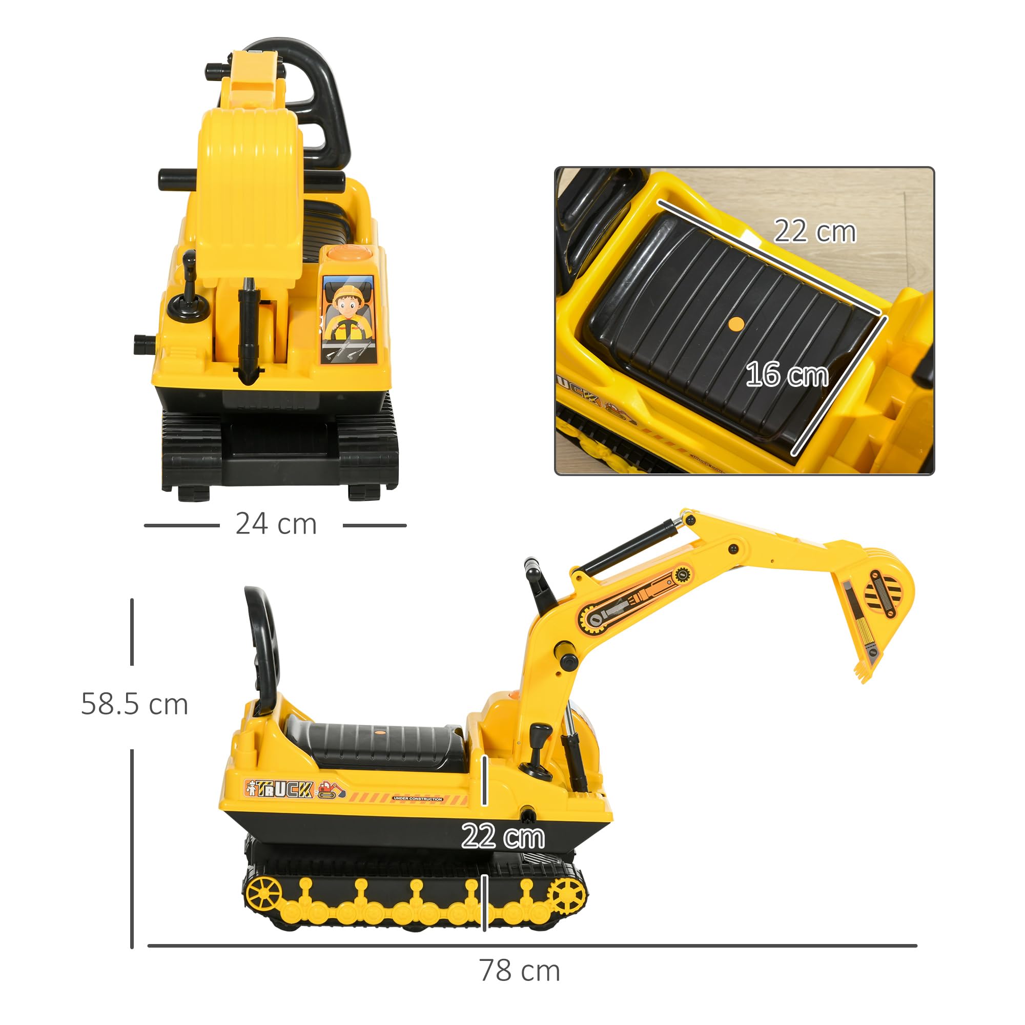 HOMCOM Ride On Tractor Digger Toy with Adjustable Arm | Ages 18-48 Months | Yellow 7