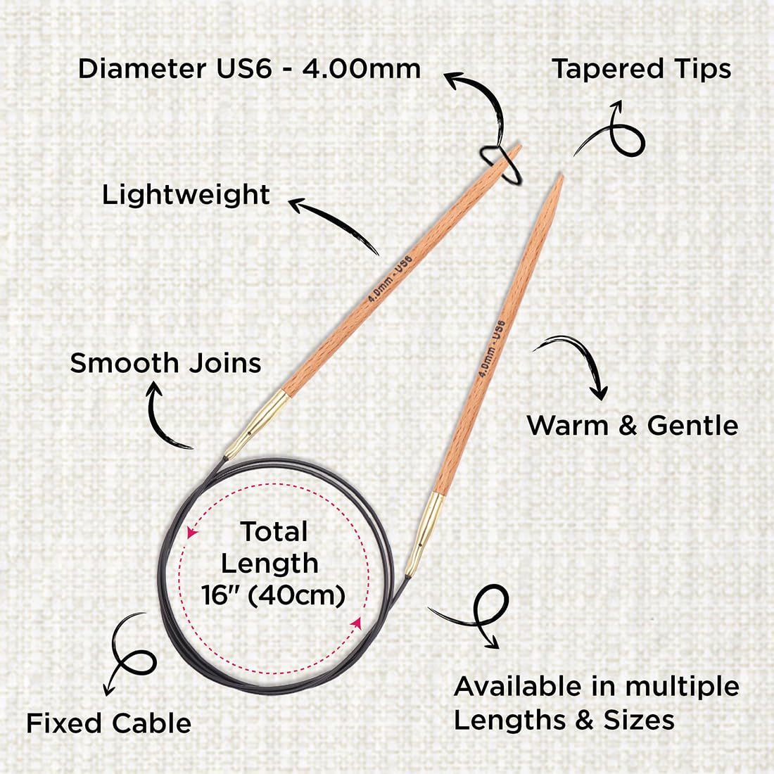KnitPro Basix Beech Fixed Circular Needles 16" (40cm) | 4.00mm 4