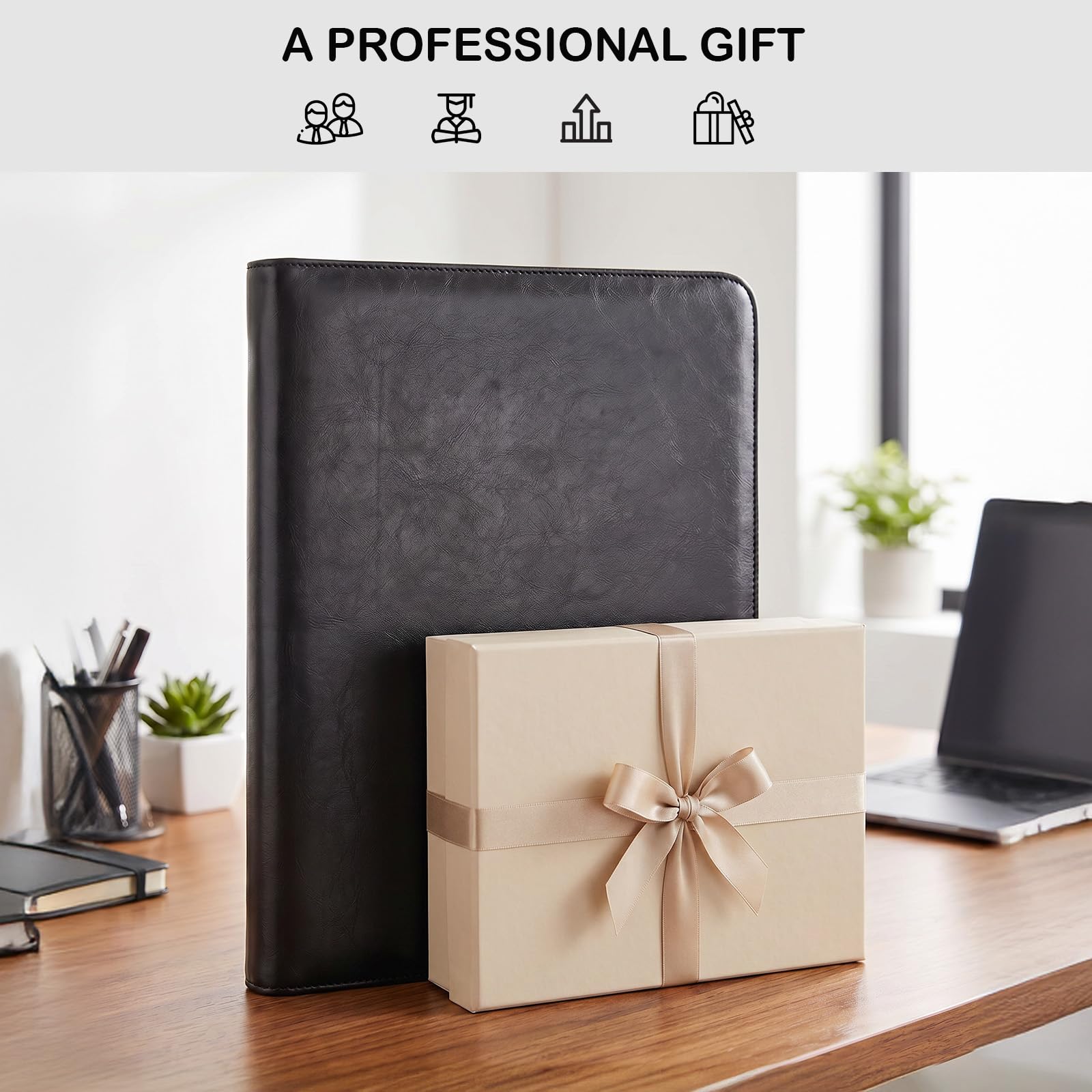 NEWYES A4 Zippered PU Leather Travel Portfolio - Black, Waterproof | 5 Card Slots, Pen Holder 8