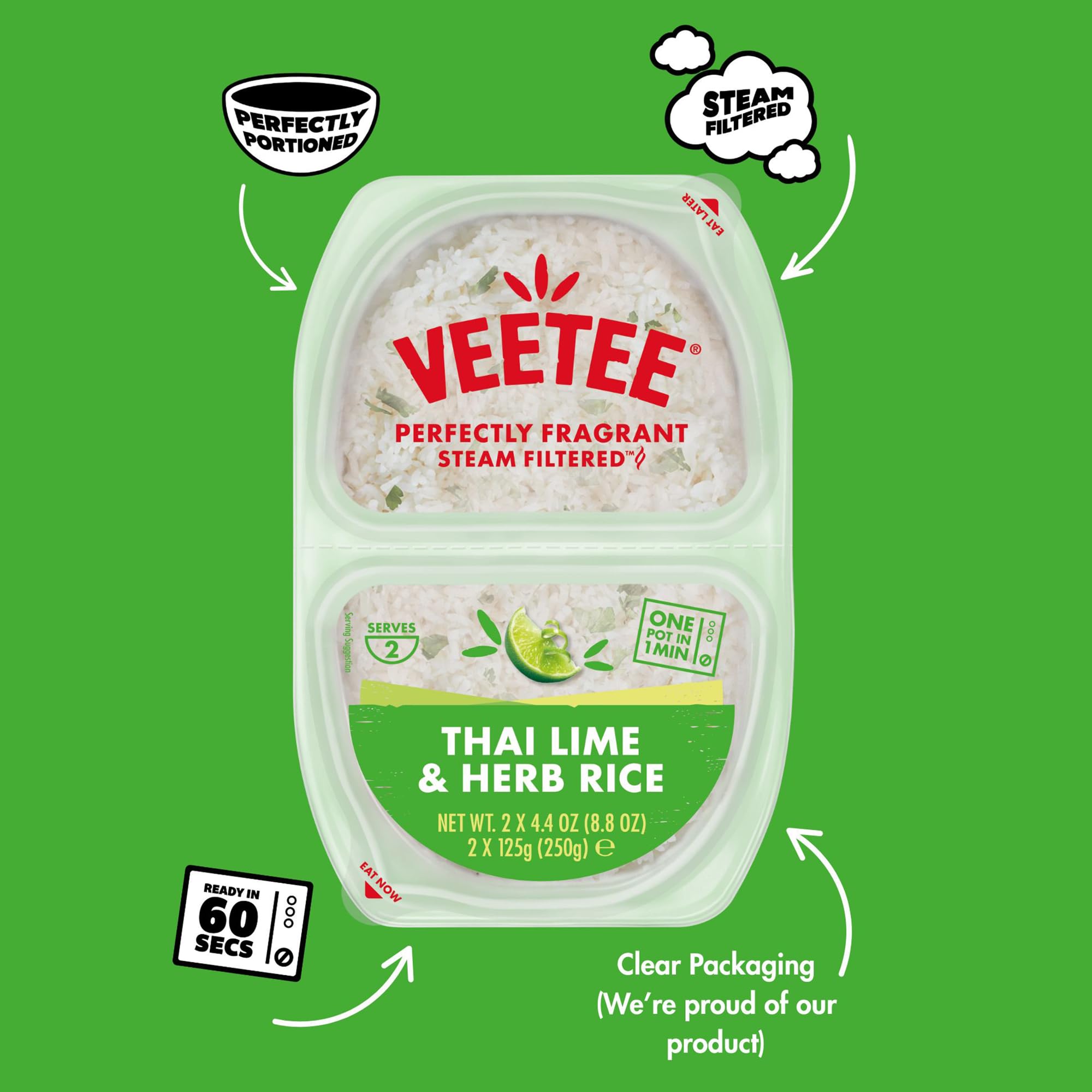 VEETEE Thai Lime & Herb Steamed Jasmine Rice Microwave Pots - 60 Second Cook Time | Pack of 6 | 125g Pots 3