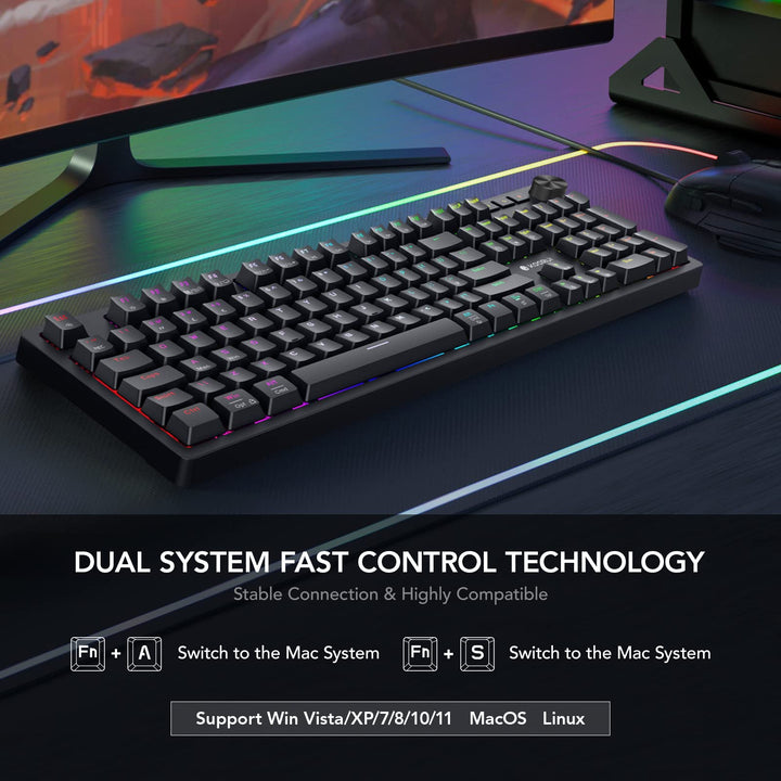 KOORUI MK104-RED Mechanical Gaming Keyboard – 104 Keys, 26 RGB Backlighting Effects, Pluggable Switches, Anti-Ghosting, Wired for PC & Mac