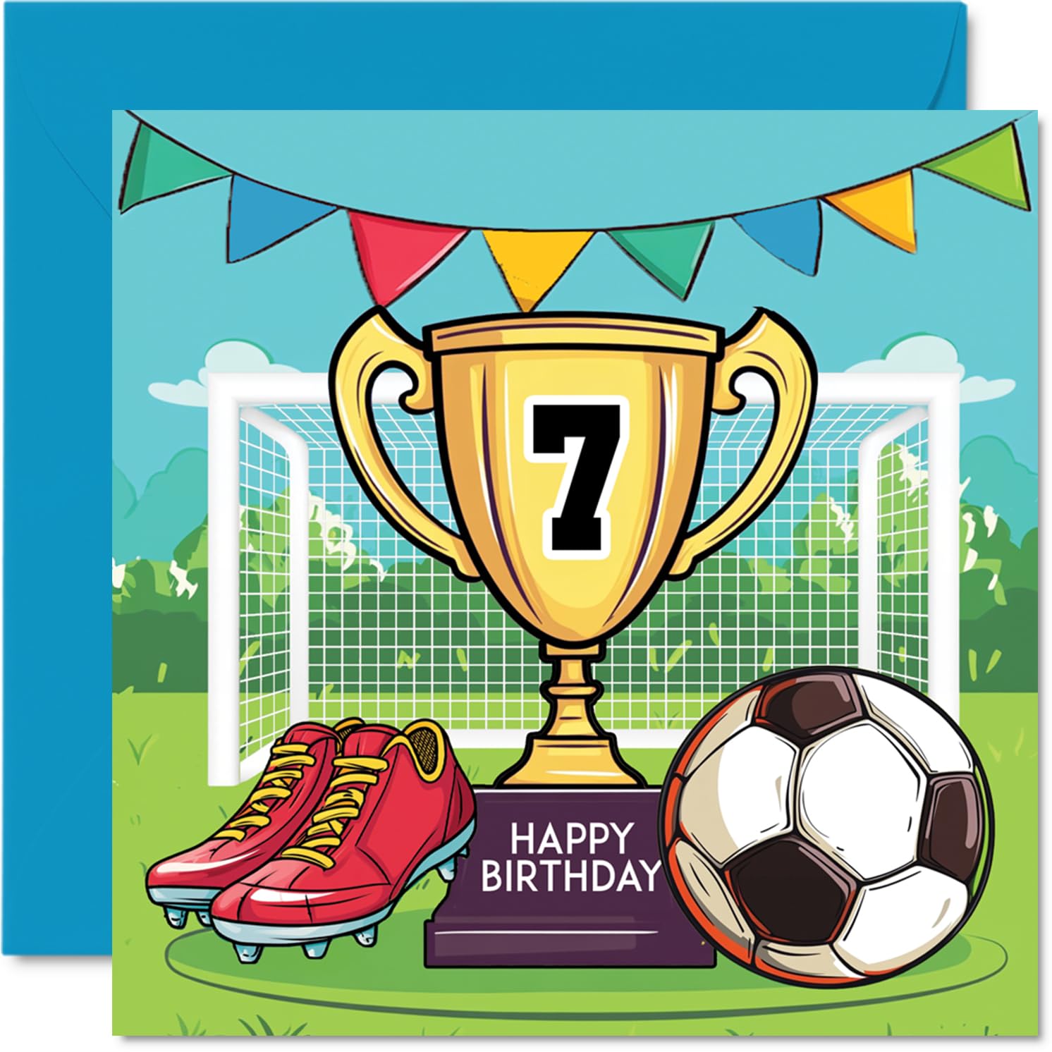 Stuff4 7th Birthday Card for Boys - Football Trophy Design | 145mm Square | Includes Envelope 1