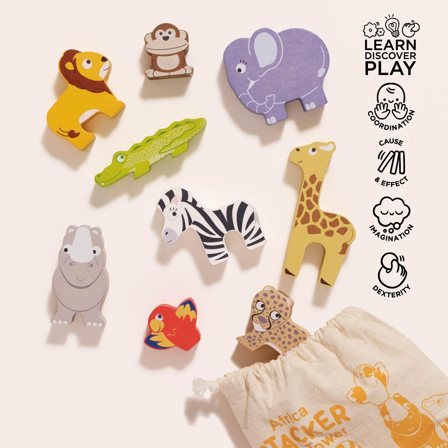 Le Toy Van Petilou Africa Stacker & Bag - Wooden Balancing Toy for Toddlers 18m+ | 9 Pieces 3