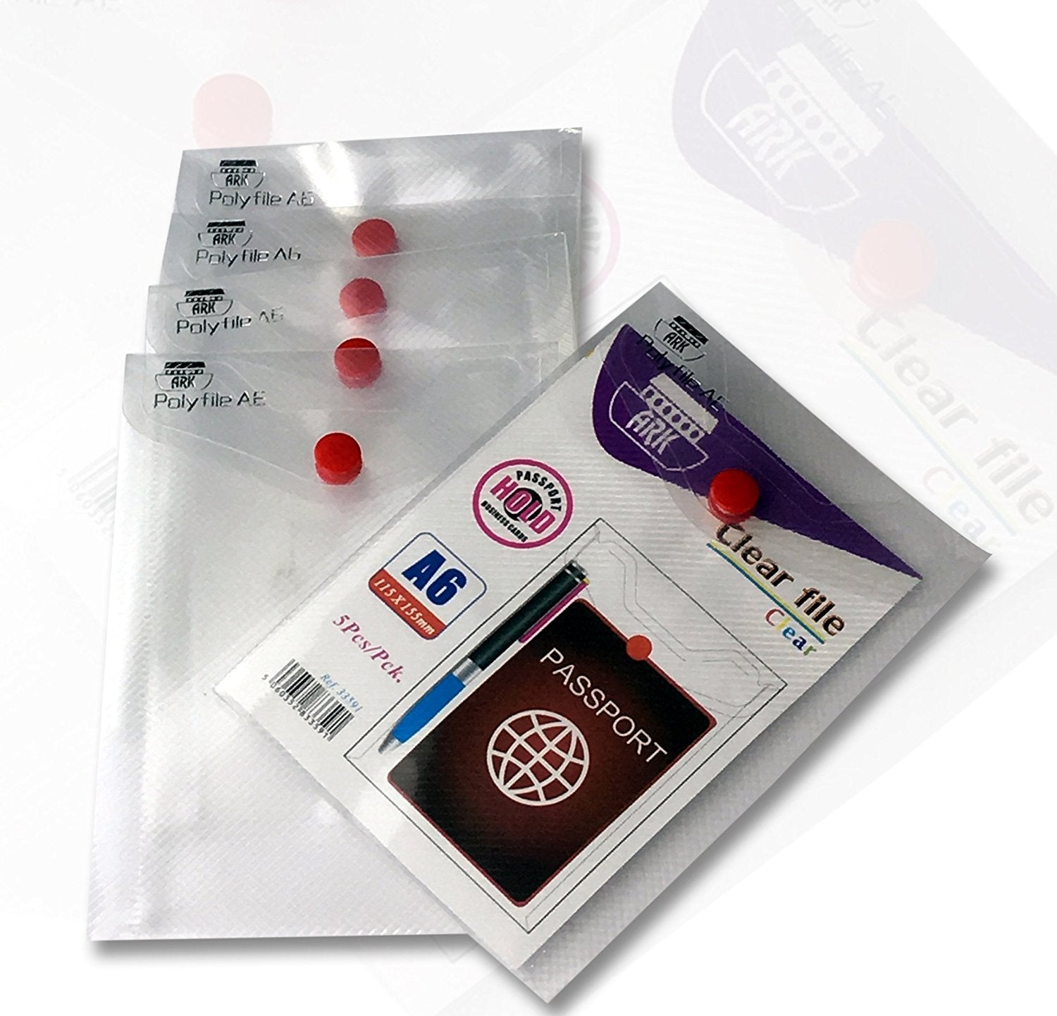 ARK Popper Wallet File with Press Stud Closure - Durable Polypropylene | A6 Size | Pack of 5 | Clear 1