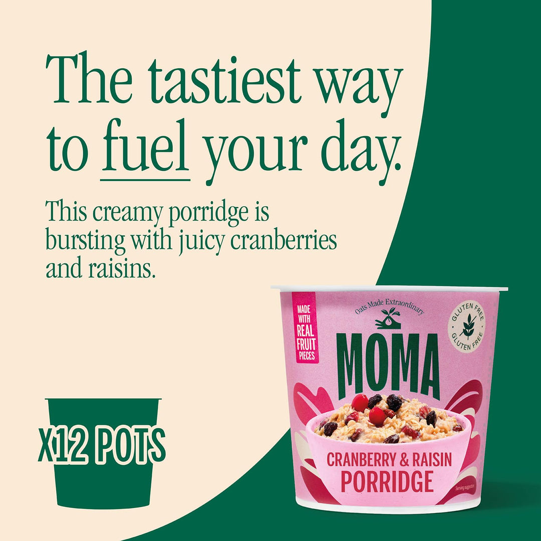 MOMA - Cranberry & Raisin Instant Porridge Pots - Pack of 12 x 70g - Gluten Free, High Fibre, Source of Protein