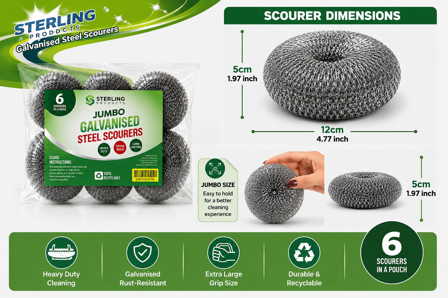 STERLING PRODUCTS Galvanised Steel Scourers - Heavy Duty Cleaning | 6 Pack | Steel 2