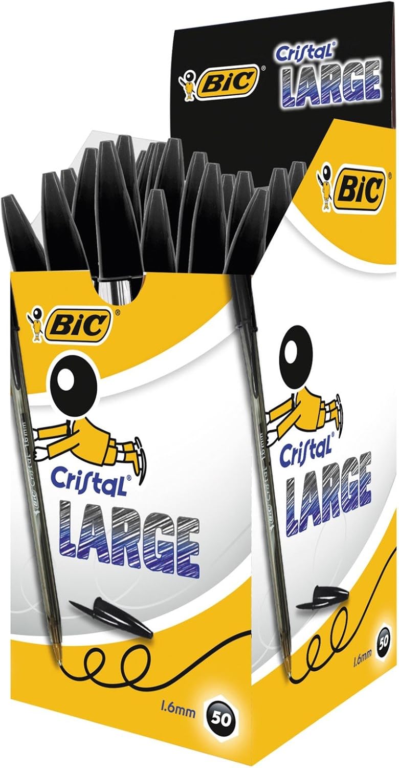 BIC Cristal Large Ballpoint Pens, Every-Day Biro Pens with Wide Point (1.6 mm), Ideal for School, Black Ink, Pack of 50