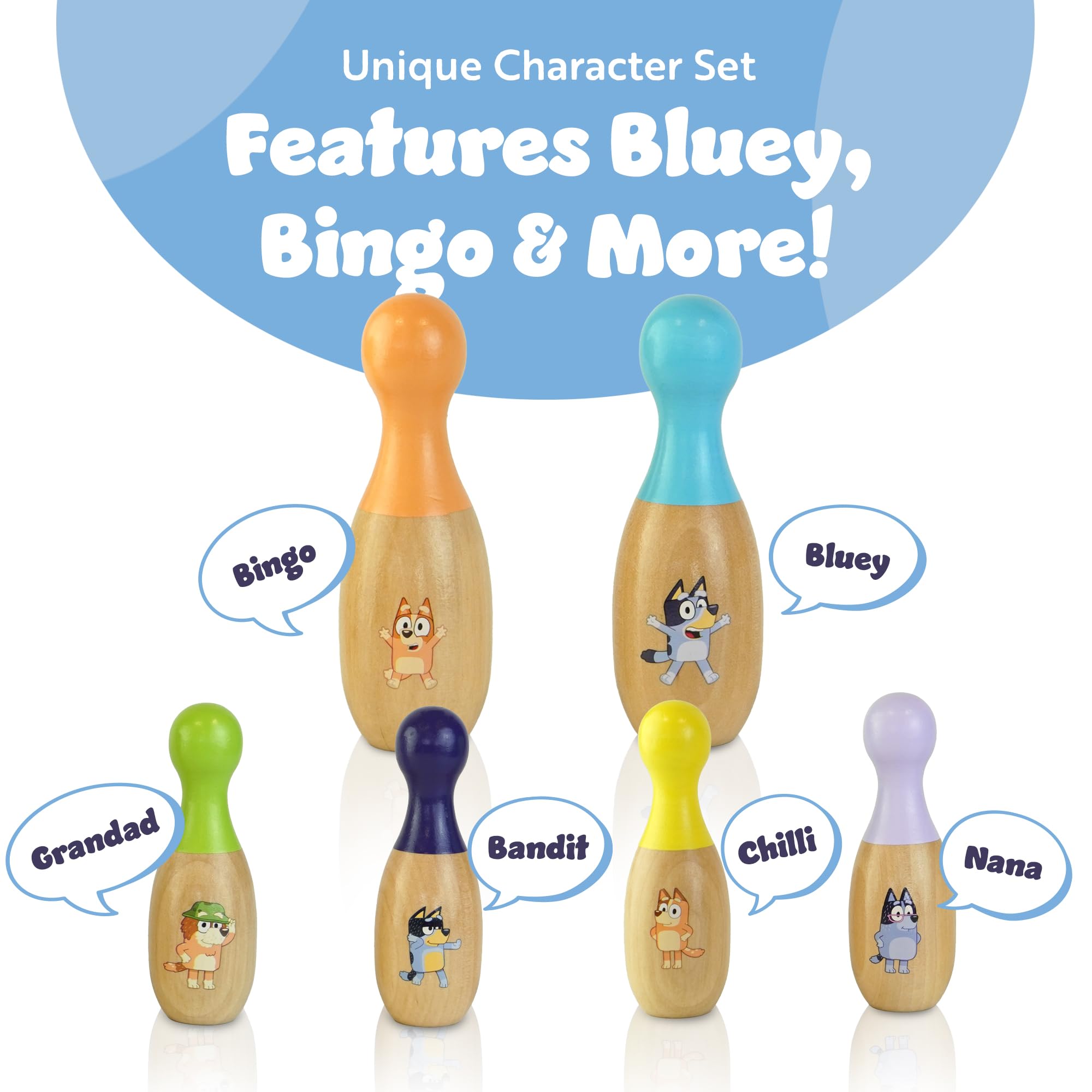 Bluey Wooden Skittles Set - 6 Character Pins (Bluey & Bingo) & Ball | Indoor/Outdoor Play 3