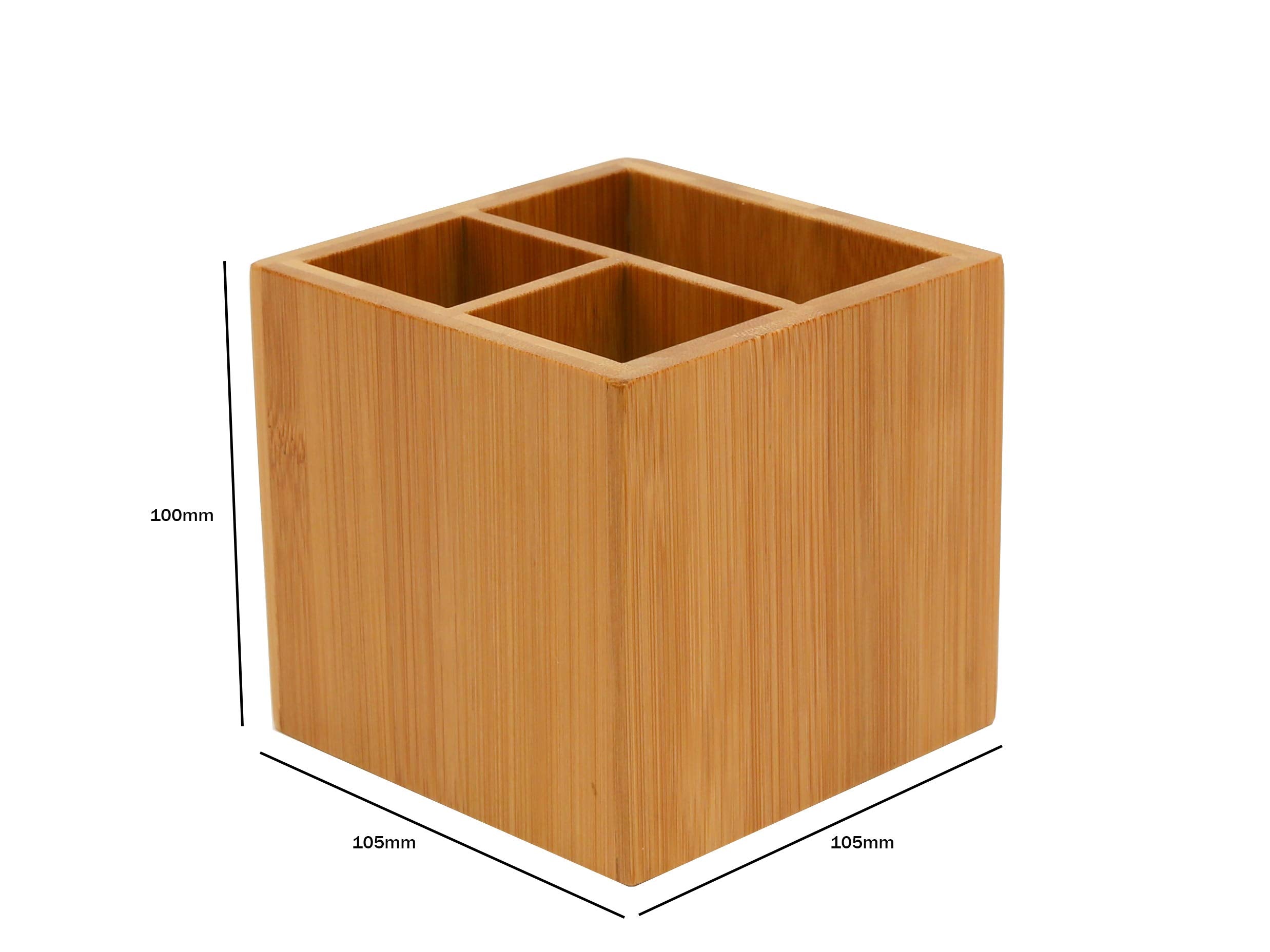Osco Bamboo Square Pen Pot with 3 Compartments - Natural Finish | H100mm x W105mm 3