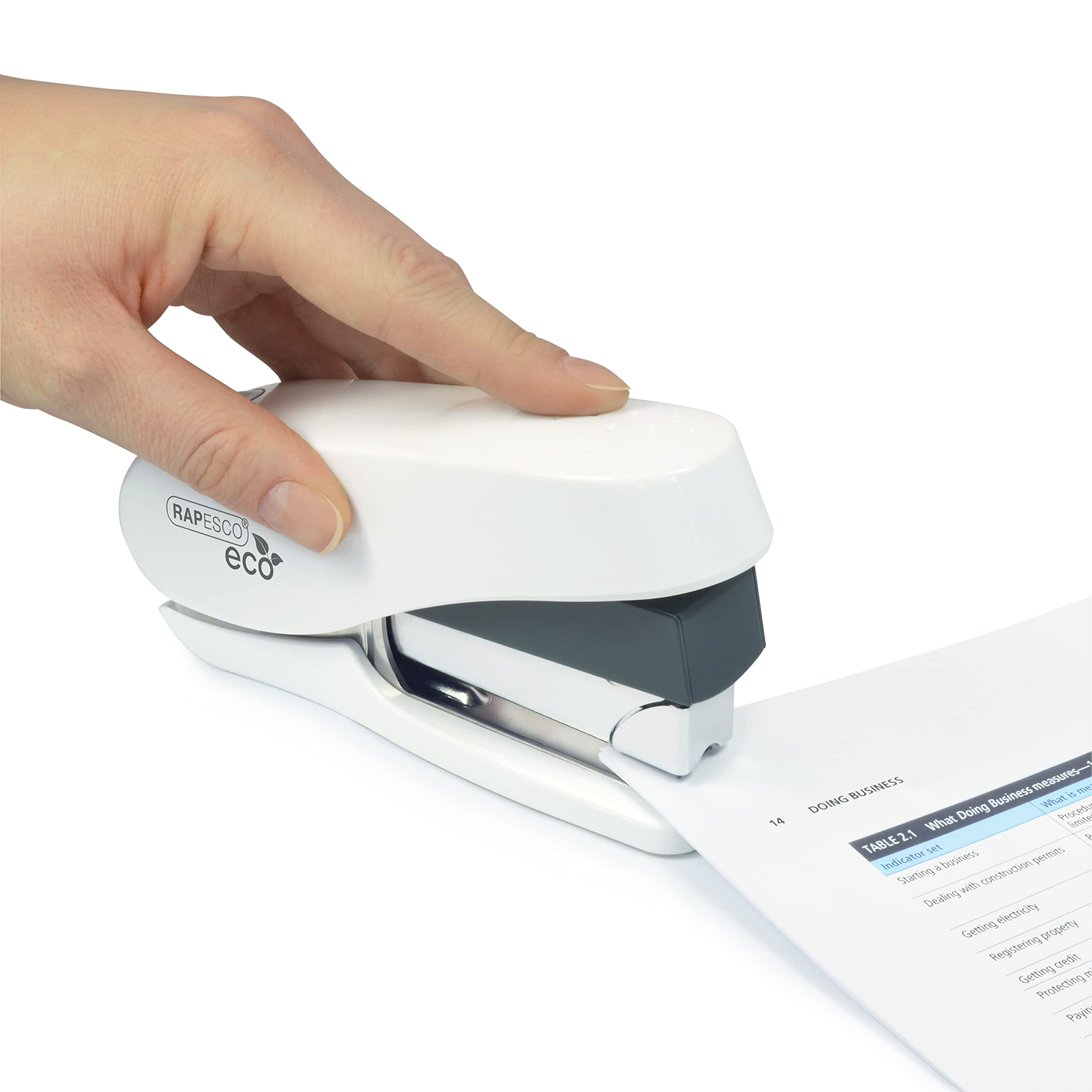Rapesco 1467 ECO Luna Less Effort Stapler - 50 Sheet Capacity, Front Loading | Soft White 6