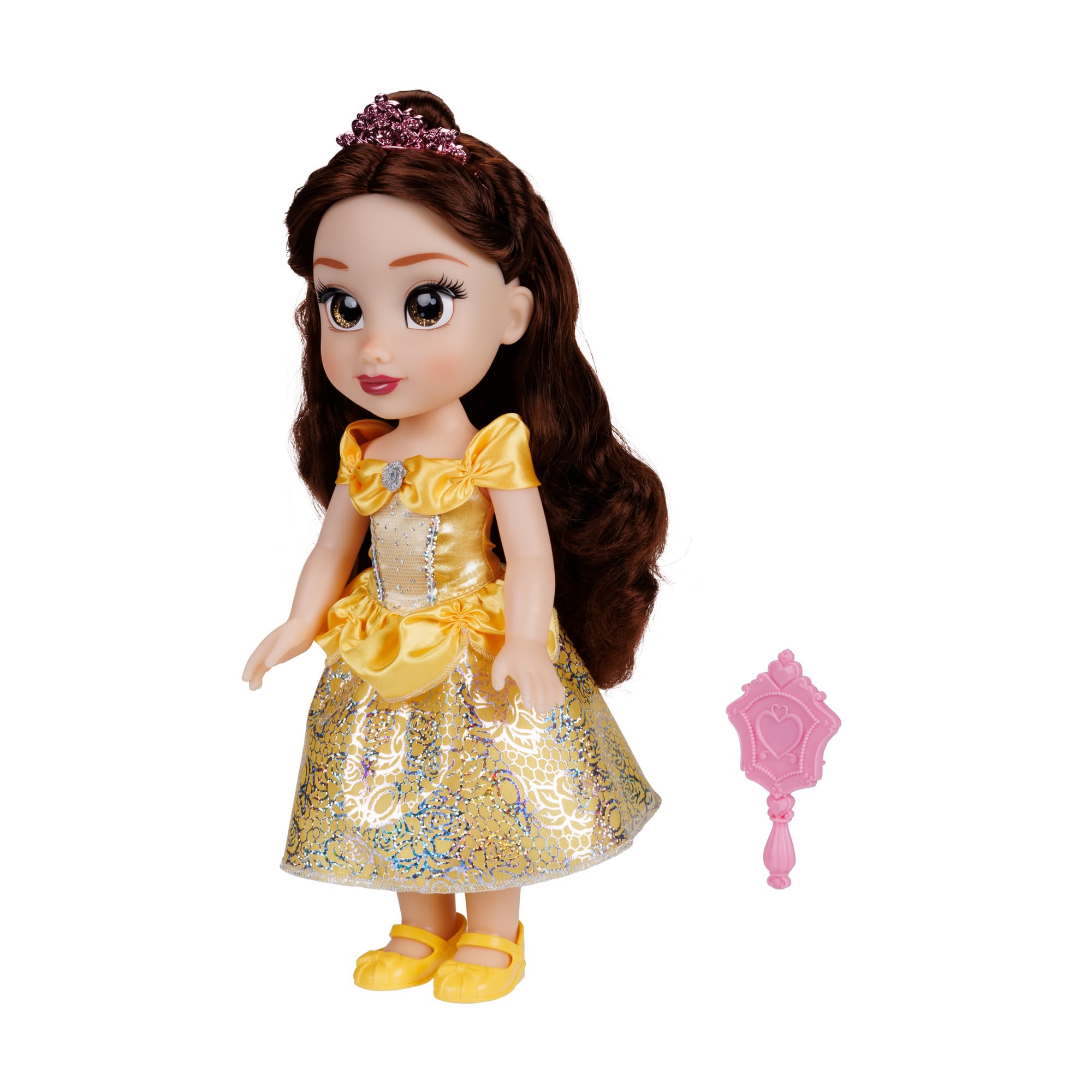 Disney Princess Belle Doll 14”/35cm with Platinum Holofoil Dress, Tiara, Shoes & Brush | Ages 3+ 7