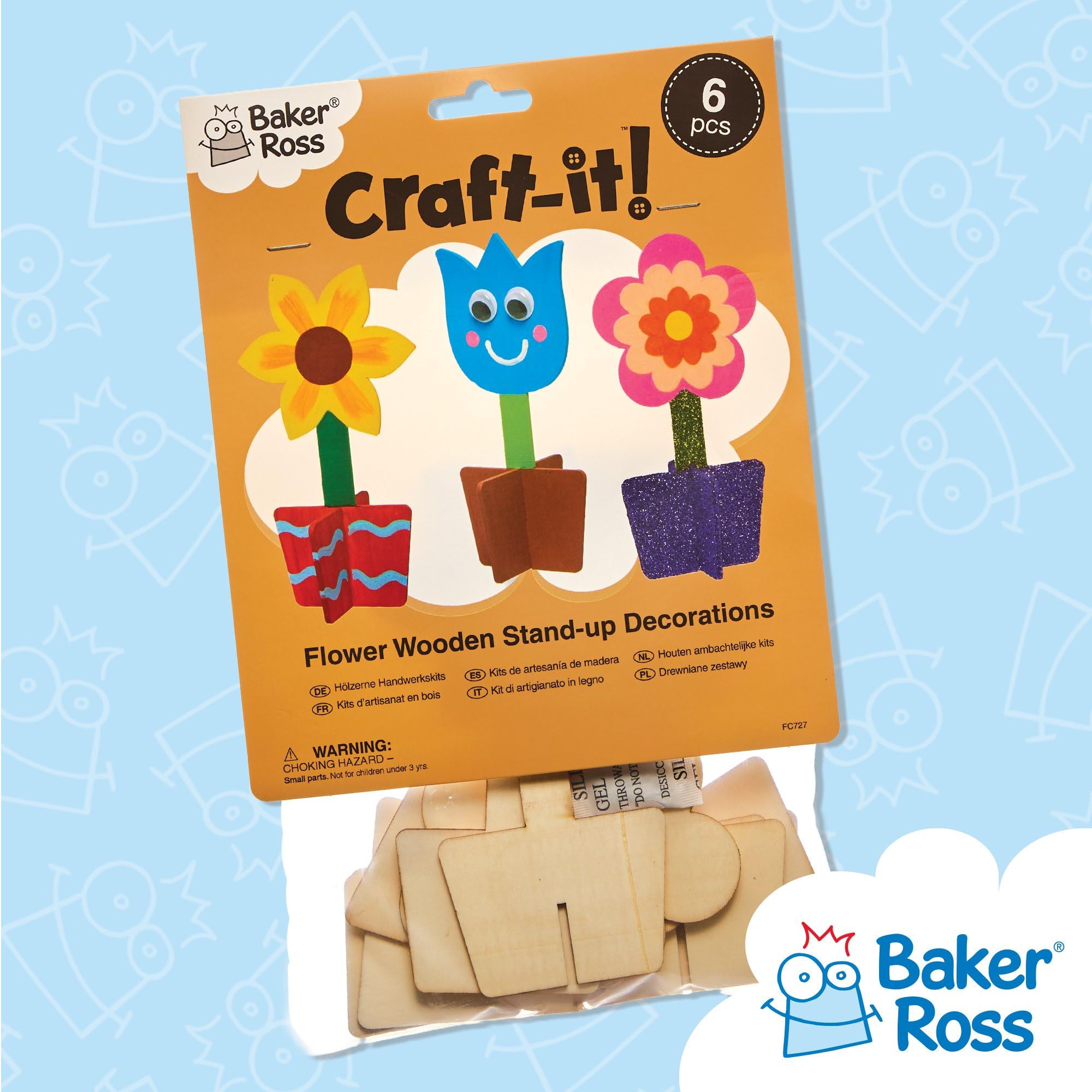 Baker Ross FC727 Flower 3D Wooden Stand Up Decorations - Pack of 6 Kits | 16cm Height 6