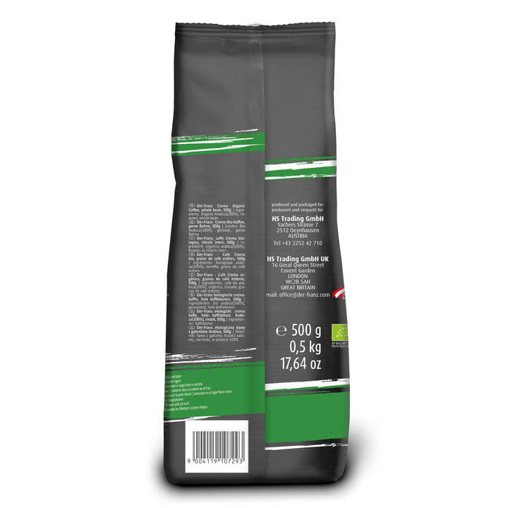 Der-Franz Crema Organic Coffee, Whole Bean, 3 x 500 g
