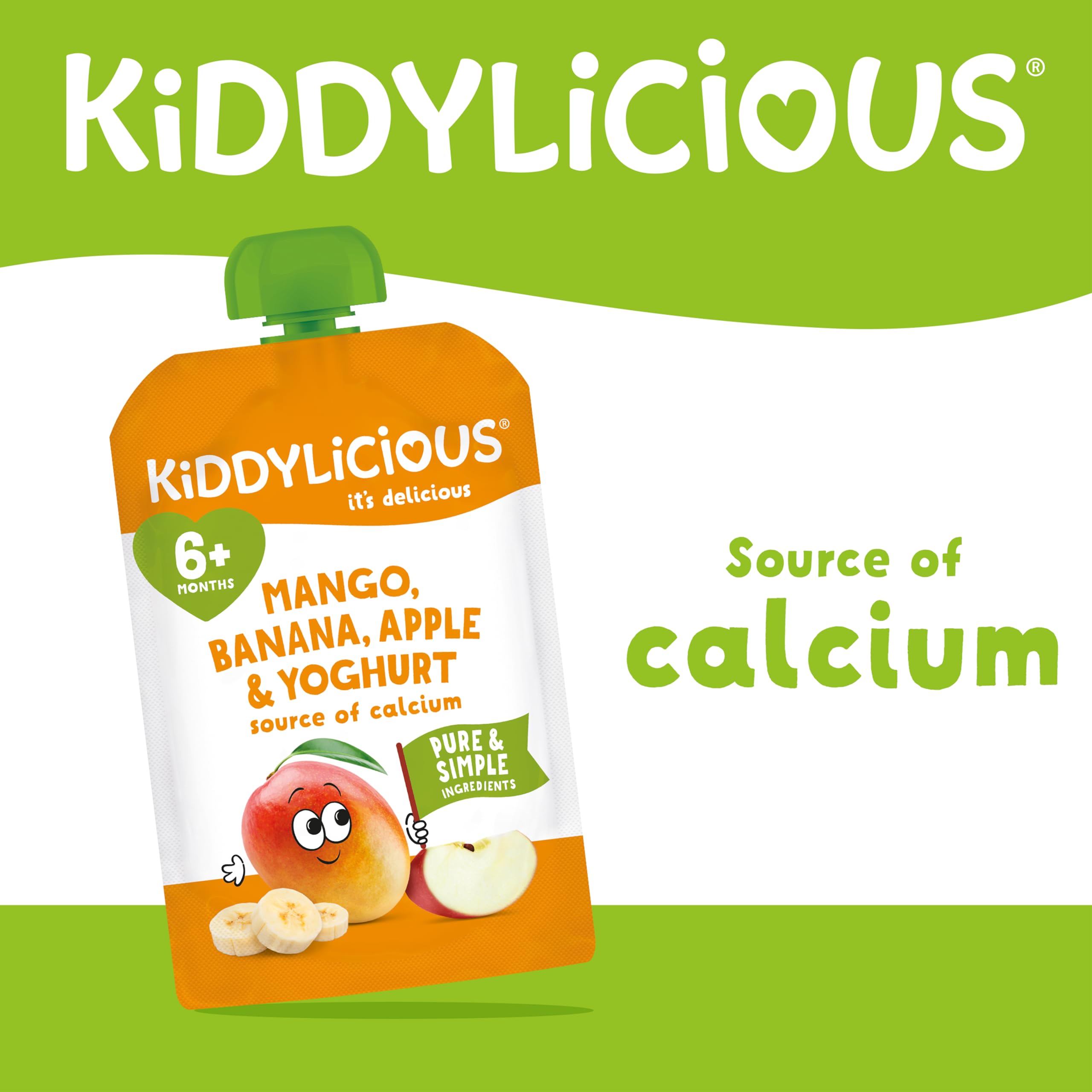 Kiddylicious Mango, Banana & Apple Fruit Pouches - 6 x 100g | Suitable for 6+ Months
