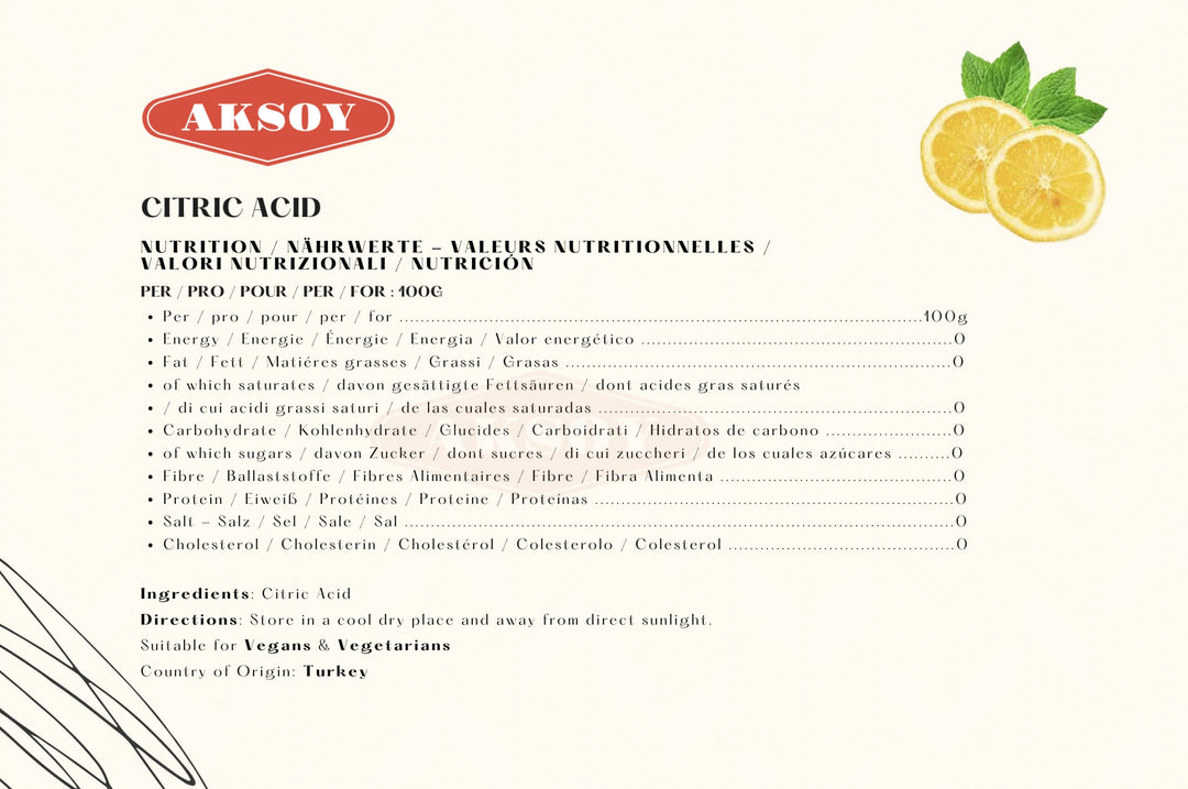 Aksoy - Citric Acid Food Grade 1.25kg | Non-GMO, Anhydrous, for Cleaning, Canning & Bath Bombs