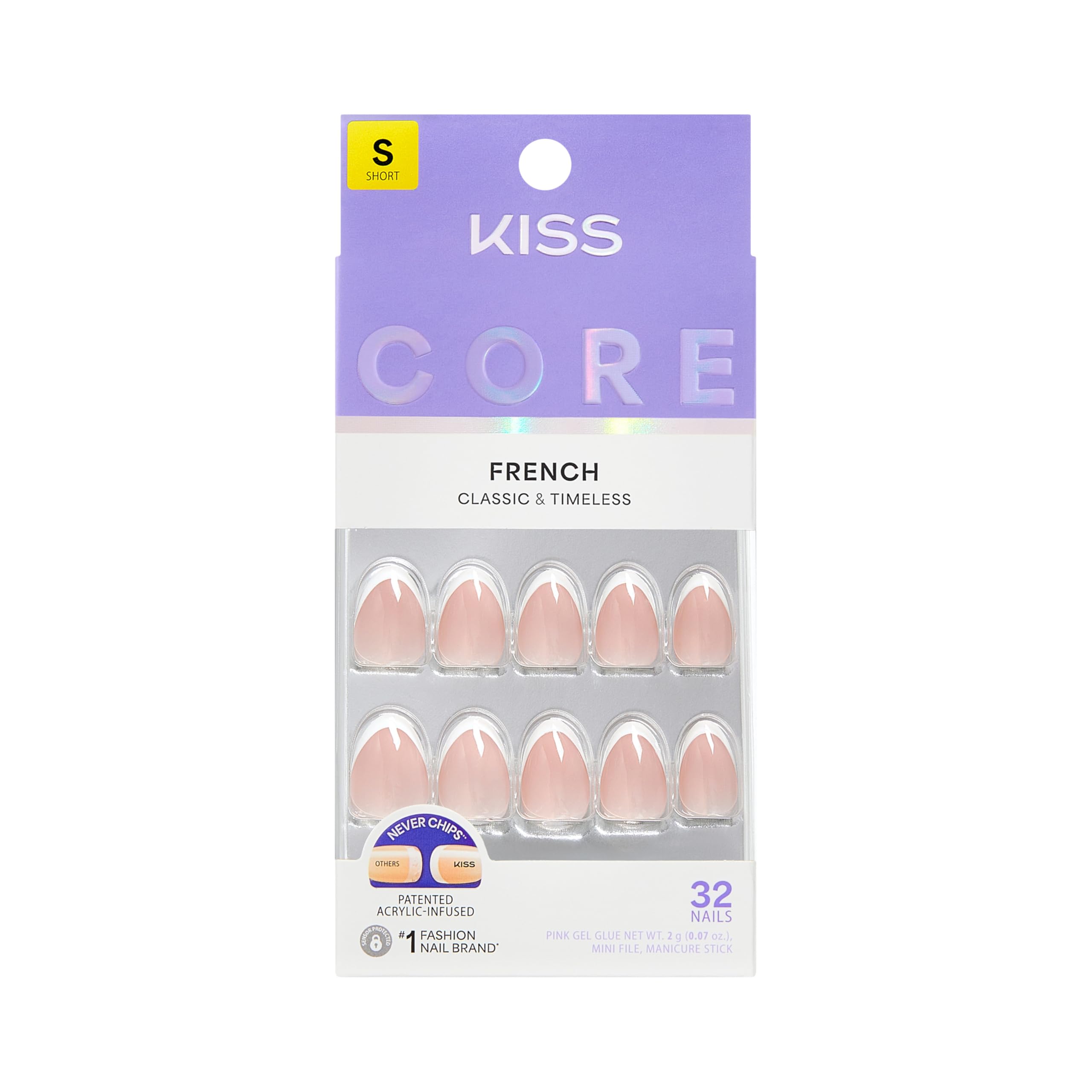 KISS CORE Press On Nails - French Tip Almond Short, White, 32 Count with Glue