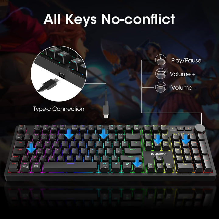 KOORUI MK104-RED Mechanical Gaming Keyboard – 104 Keys, 26 RGB Backlighting Effects, Pluggable Switches, Anti-Ghosting, Wired for PC & Mac